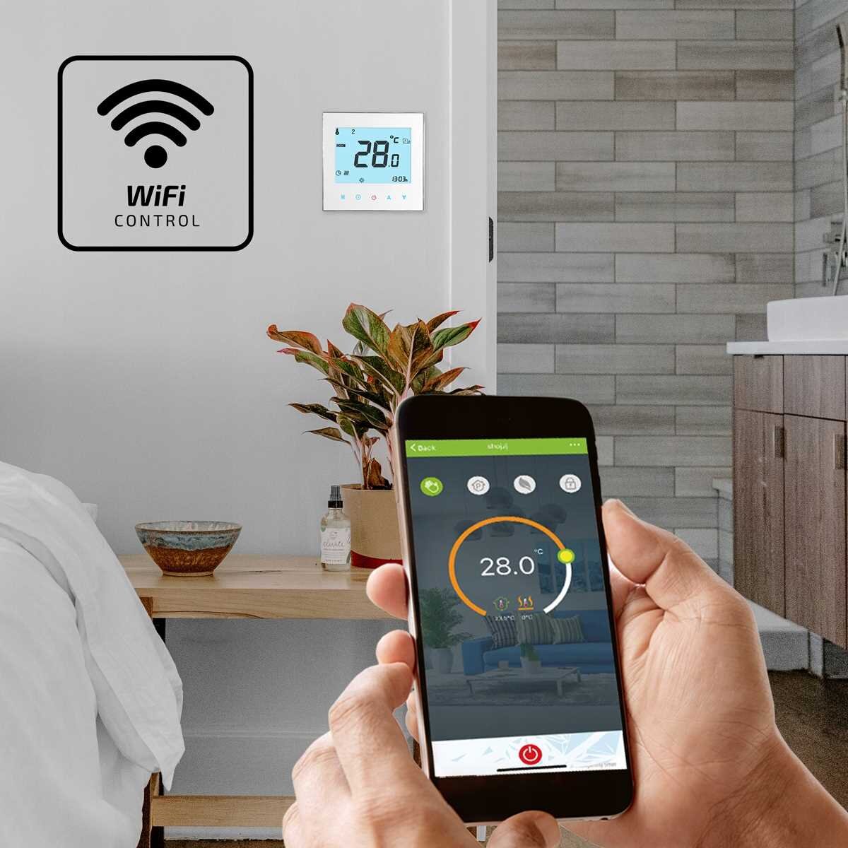 Na ścianie wisi termostat z wyświetlaczem pokazującym temperaturę 28°C. Obok widoczny jest symbol WiFi z napisem \'WiFi CONTROL\', a osoba trzyma telefon z aplikacją pokazującą tę samą temperaturę.