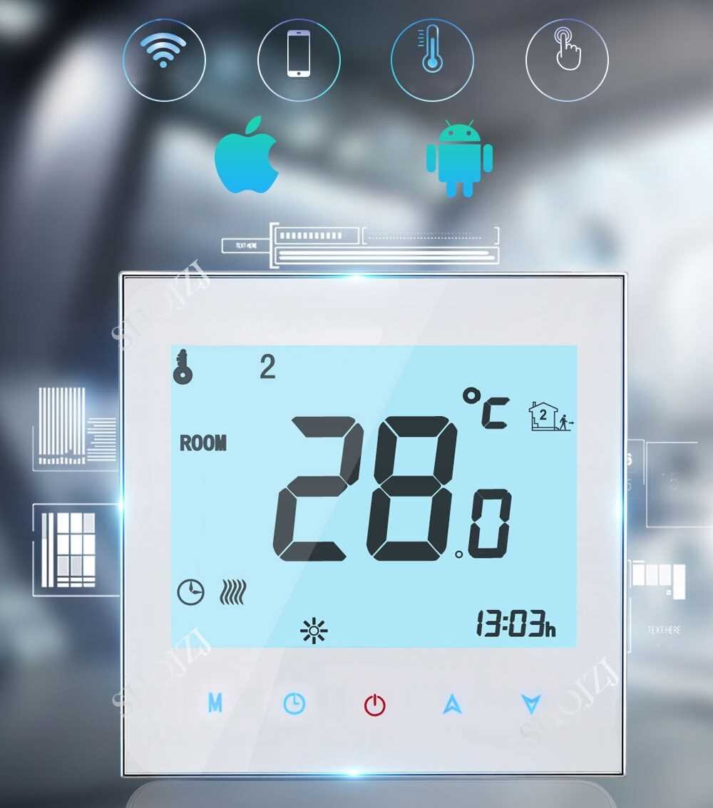 Na obrazie widoczny jest termostat z wyświetlaczem pokazującym temperaturę 28°C oraz godzinę 13:03h. W górnej części znajdują się ikony symbolizujące łączność Wi-Fi, kompatybilność z systemami Apple i Android oraz funkcje związane z temperaturą i dotykiem.