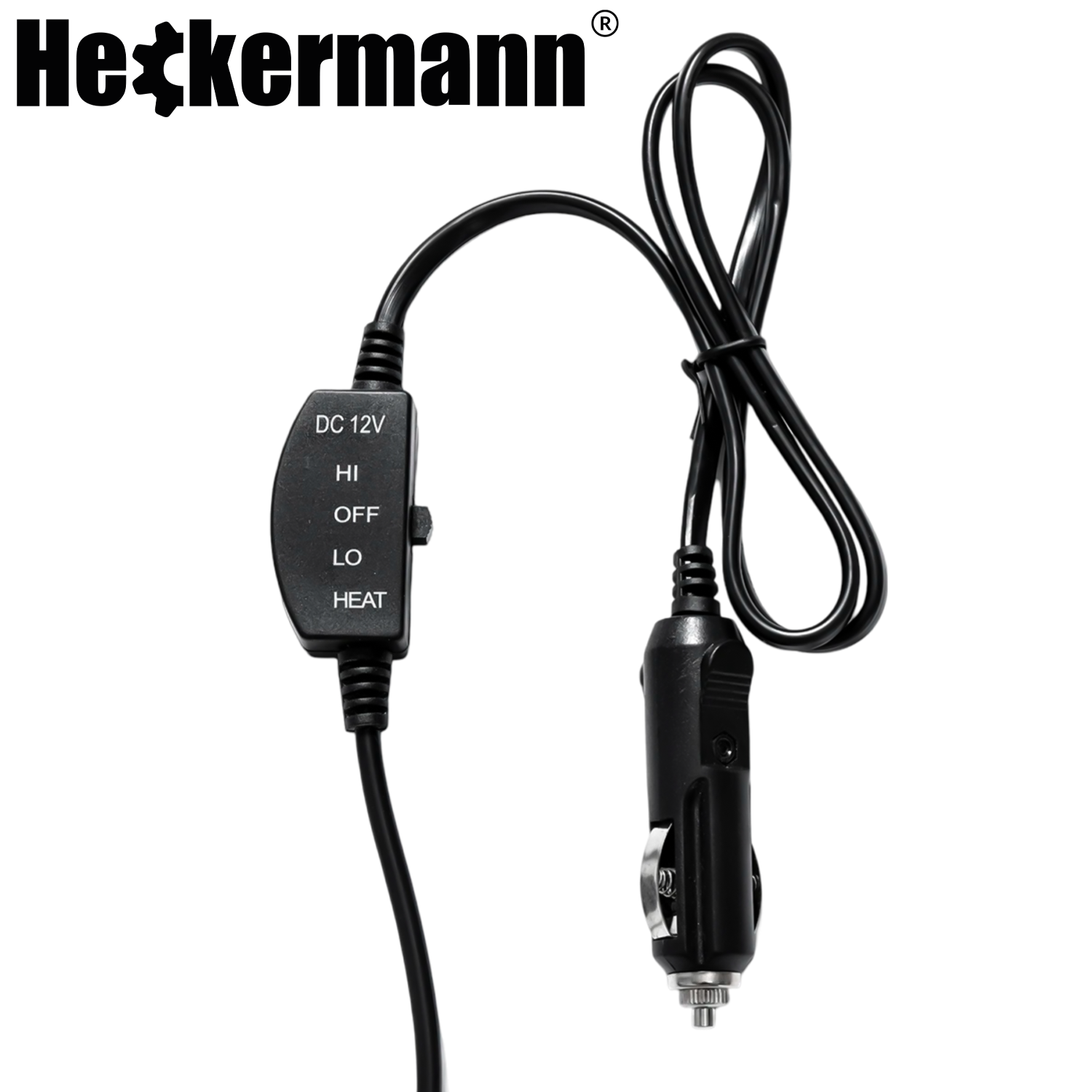 Czarny przewód z wtyczką samochodową i przełącznikiem z napisami: DC 12V, HI, OFF, LO, HEAT. Widoczne logo Heckermann.