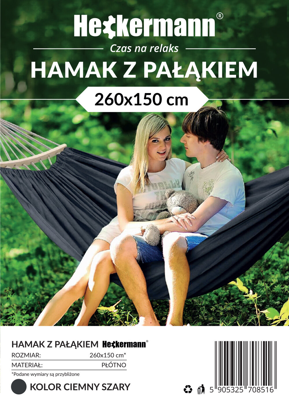 Na obrazie widoczny jest ciemnoszary hamak z pałąkiem, na którym siedzi para. Tekst na obrazie: \'Heckermann Czas na relaks HAMAK Z PAŁĄKIEM 260x150 cm\', \'ROZMIAR: 260x150 cm*\', \'MATERIAŁ: PŁÓTNO\', \'KOLOR CIEMNY SZARY\'.
