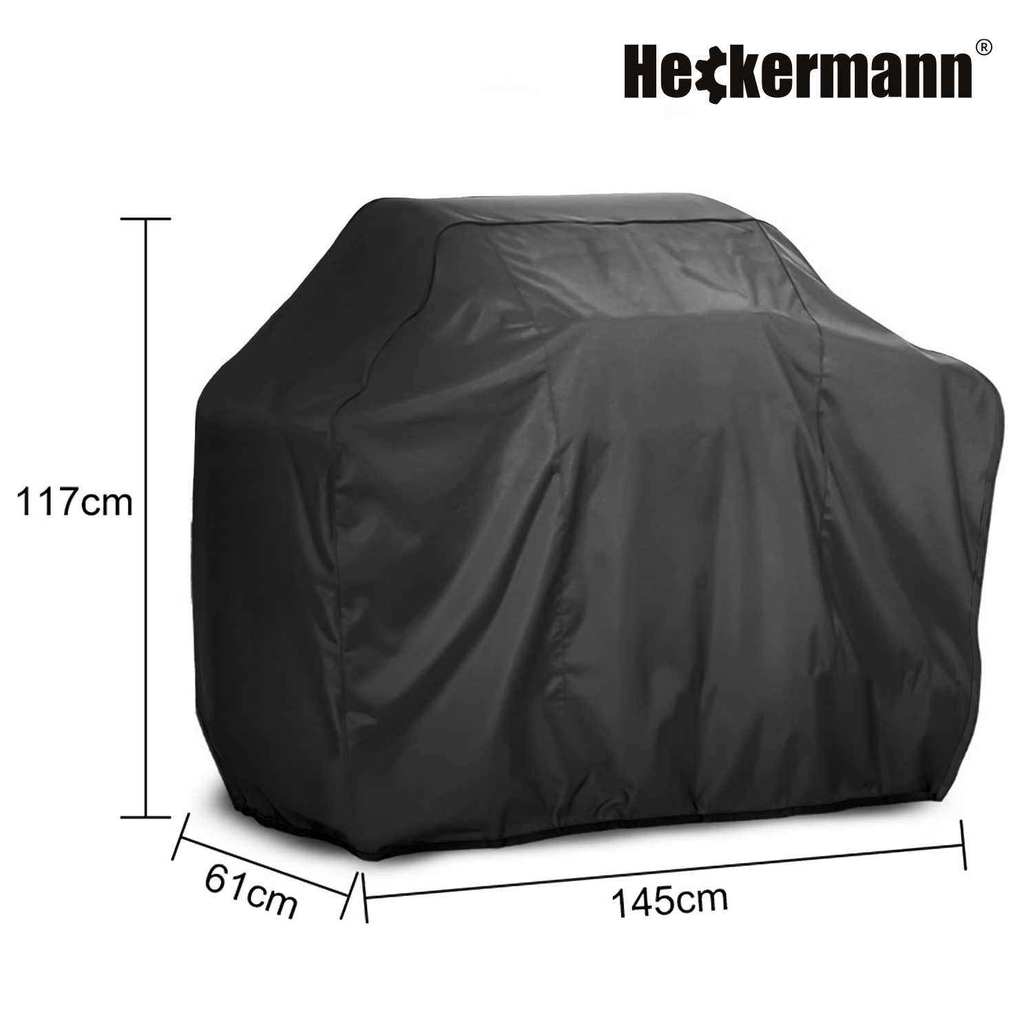 Czarny pokrowiec na grill o wymiarach 145x61x117 cm. Widoczne jest logo \'Heckermann\'.