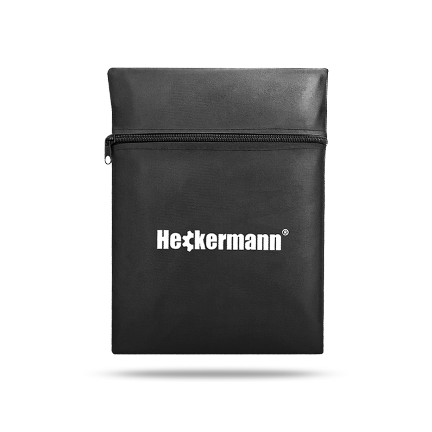 Czarny pokrowiec z zamkiem błyskawicznym, na którym widnieje biały napis \'Heckermann\'.