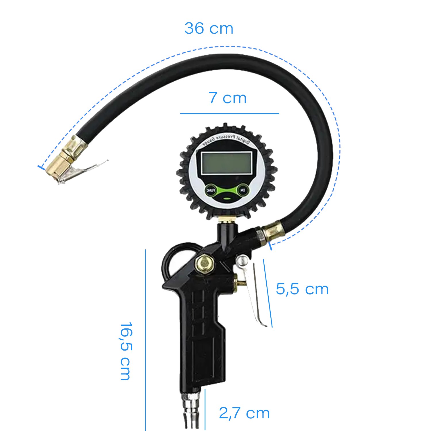 Na obrazie widoczny jest pistolet do pompowania kół z cyfrowym wyświetlaczem i elastycznym wężem. Obok produktu podane są wymiary: 36 cm, 7 cm, 16,5 cm, 5,5 cm, 2,7 cm.