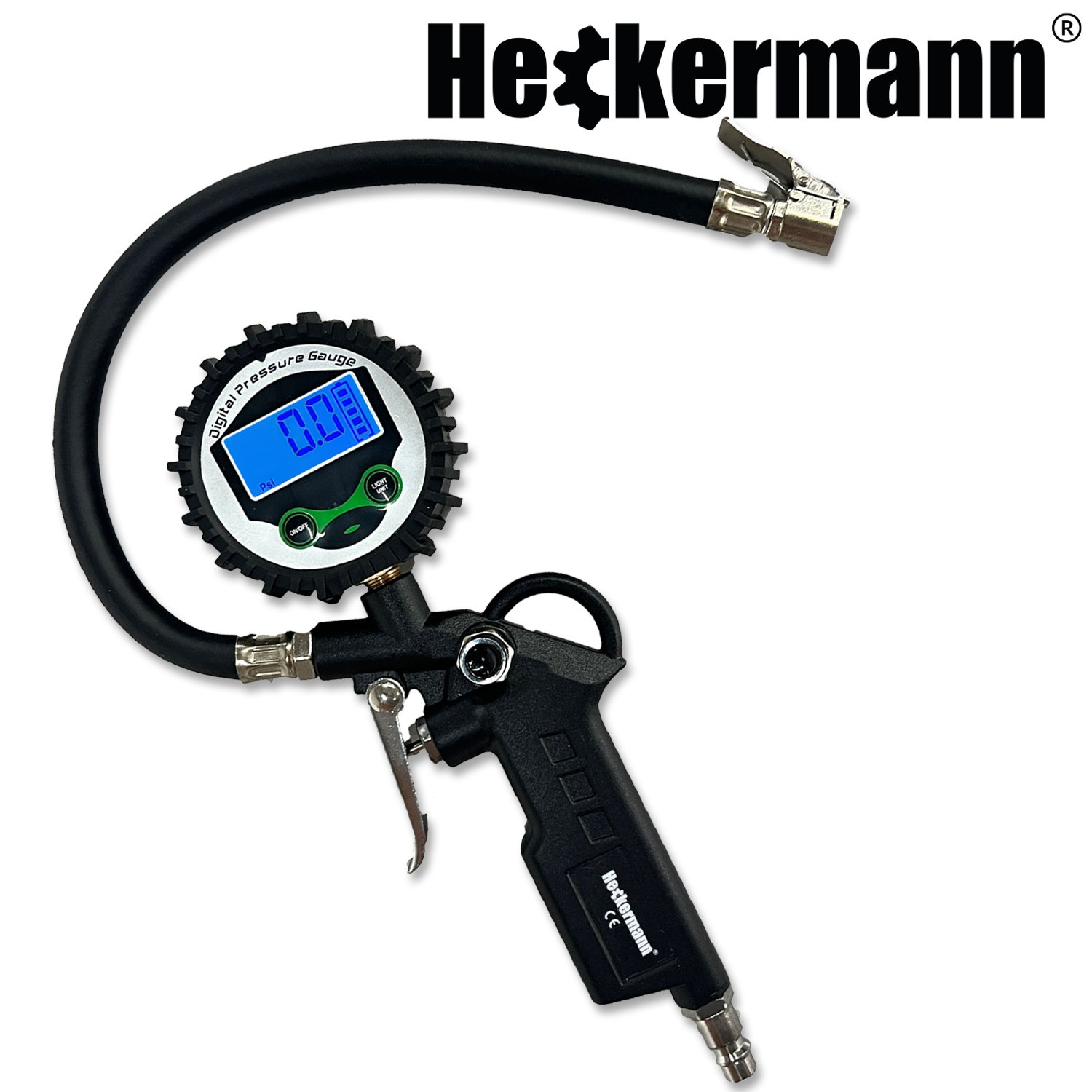 Na obrazie znajduje się pistolet do pompowania kół z cyfrowym manometrem, wyświetlającym wartość 0.0. Widoczne jest logo \'Heckermann\' oraz napis \'Digital Pressure Gauge\'.
