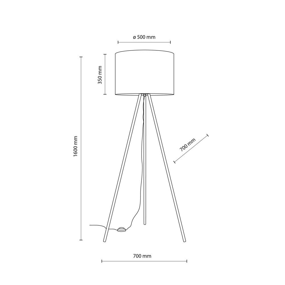 Schemat lampy podłogowej z trzema nogami i cylindrycznym abażurem. Wymiary: wysokość 1600 mm, średnica abażura 500 mm, wysokość abażura 350 mm, rozstaw nóg 700 mm.