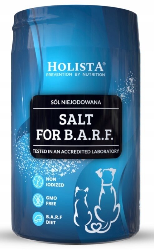 Opakowanie produktu Holista Salt For B.A.R.F. z niebieską grafiką, zawierające napisy: \'SÓL NIEJODOWANA\', \'SALT FOR B.A.R.F.\', \'TESTED IN AN ACCREDITED LABORATORY\'.