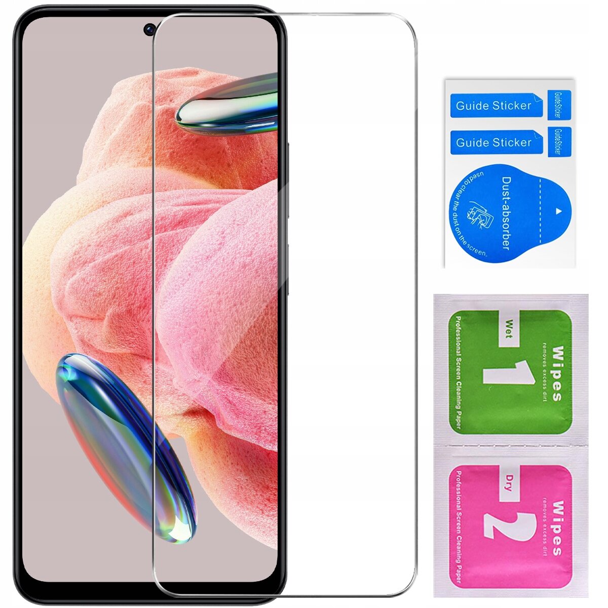 Na obrazie widoczny jest telefon z nałożonym szkłem ochronnym oraz zestaw akcesoriów do montażu, w tym naklejki \'Guide Sticker\', \'Dust-absorber\' i chusteczki \'Wet 1\' oraz \'Dry 2\'.