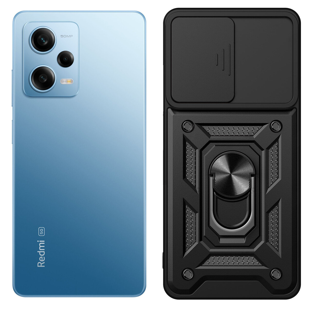 Na obrazie widoczny jest niebieski smartfon z trzema aparatami oraz czarne etui z pierścieniem i wzorem geometrycznym. Na smartfonie znajduje się napis \'Redmi 5G\'.
