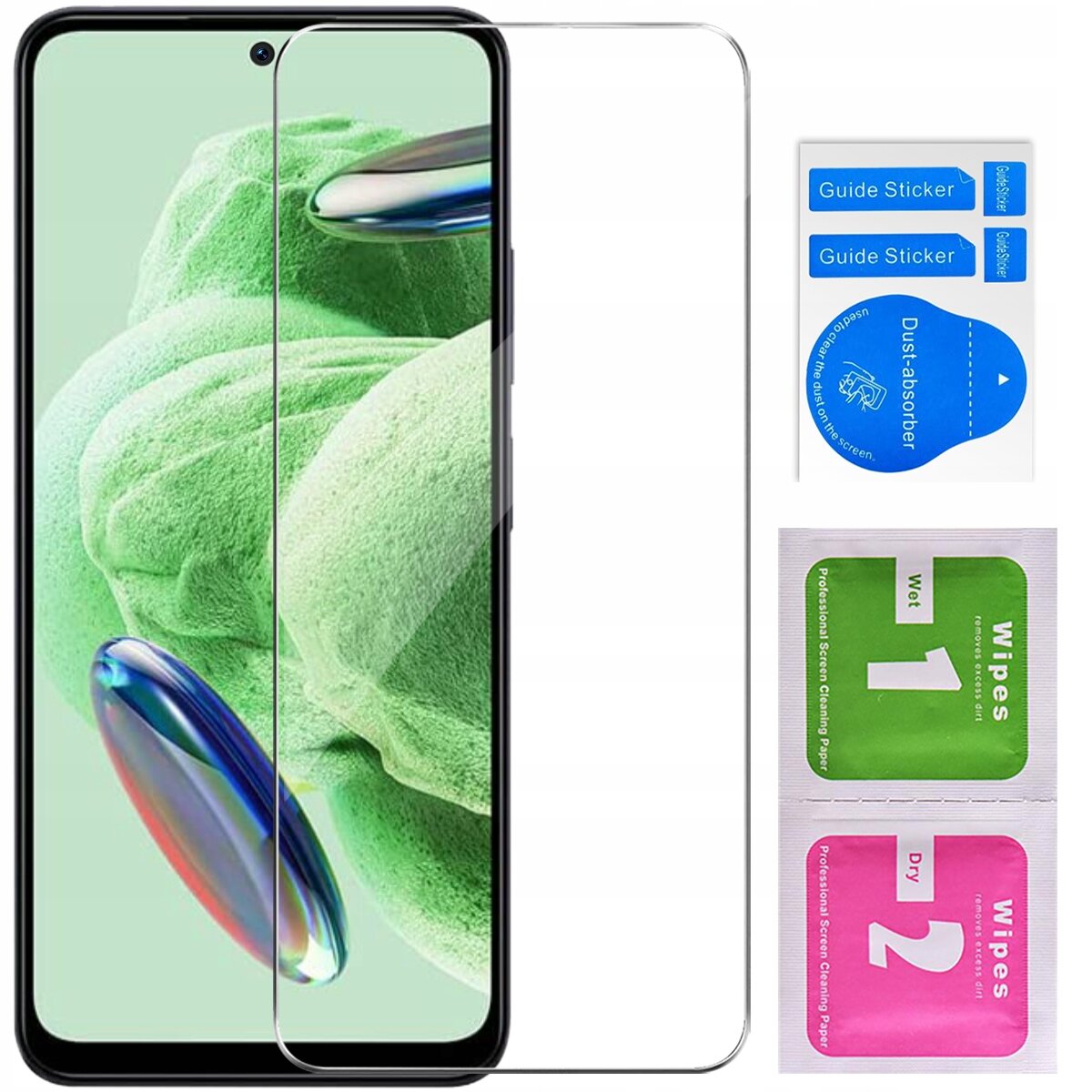 Na zdjęciu znajduje się telefon z nałożonym szkłem ochronnym oraz zestaw akcesoriów do montażu, w tym naklejki \'Guide Sticker\', \'Dust-absorber\' oraz chusteczki \'Wet 1\' i \'Dry 2\'.