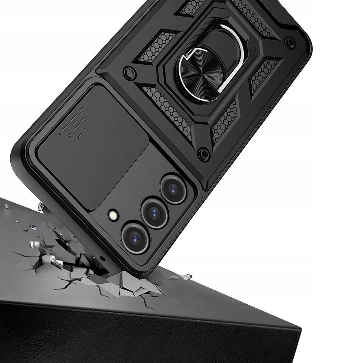 Obraz przedstawia pancerne etui na telefon z trzema widocznymi obiektywami aparatu i metalowym pierścieniem na tylnej części. Etui jest pokazane w dynamicznej pozie, jakby uderzało w powierzchnię, powodując pęknięcia.