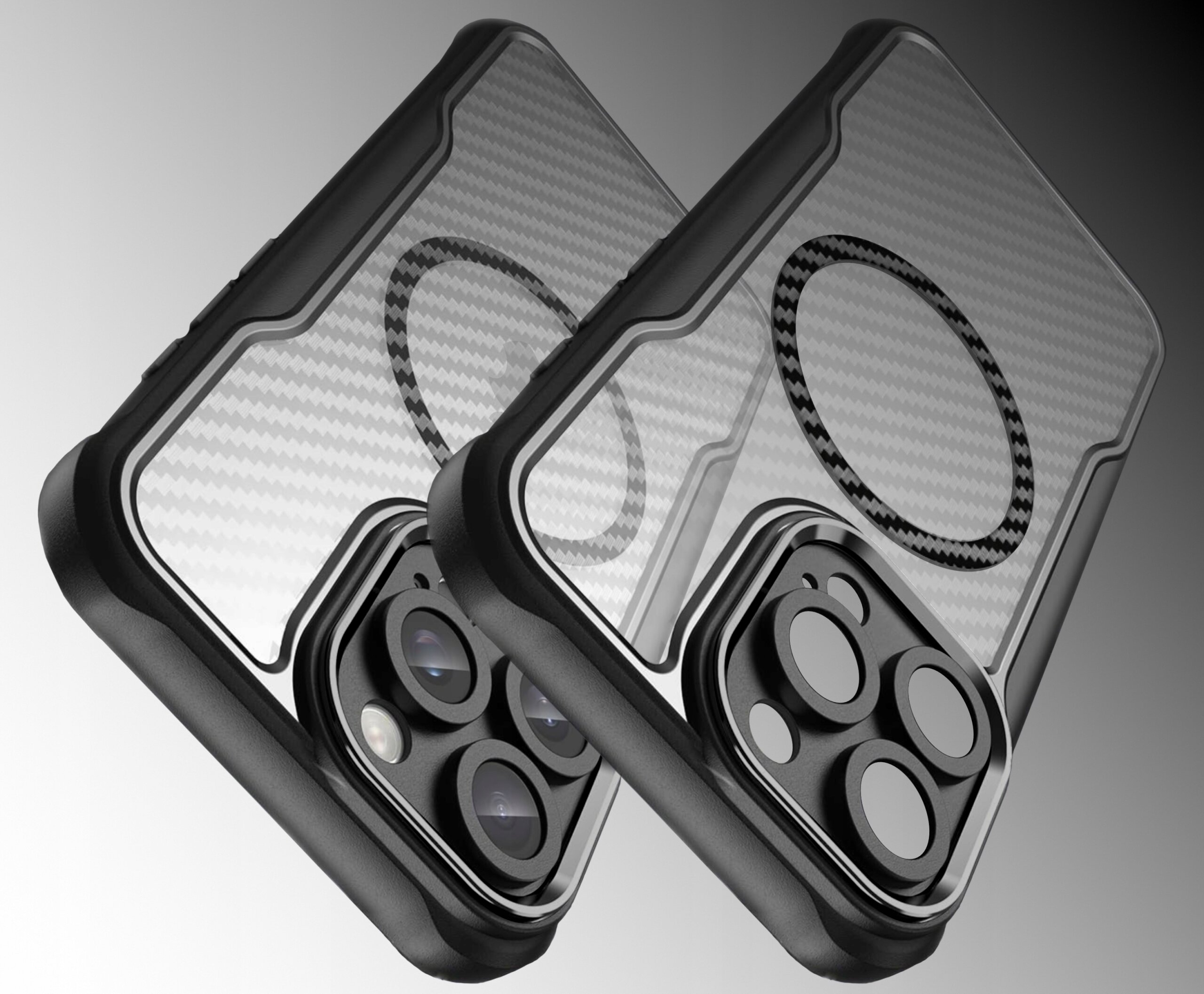 Dwa czarne, pancerne etui z przezroczystym tyłem i wzorem w kształcie okręgu, przeznaczone do iPhone 16 Pro Max. Etui posiadają wycięcia na aparat z trzema dużymi otworami.