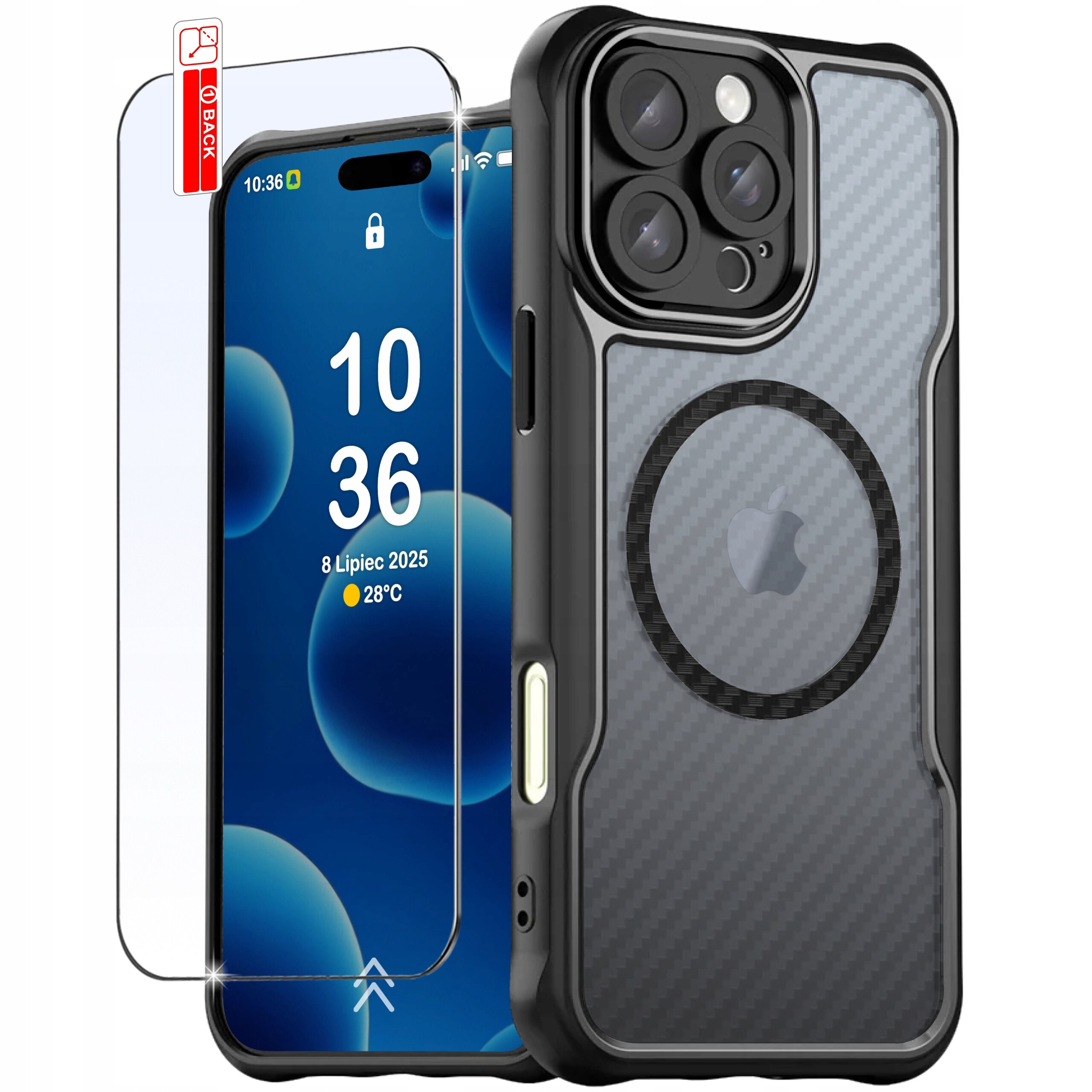 Obraz przedstawia czarne, pancerne etui wzmacniane do iPhone 16 Pro Max z widocznym logo producenta oraz szkło ochronne. Na ekranie telefonu widoczna jest godzina 10:36, data 8 Lipiec 2025 i temperatura 28°C.
