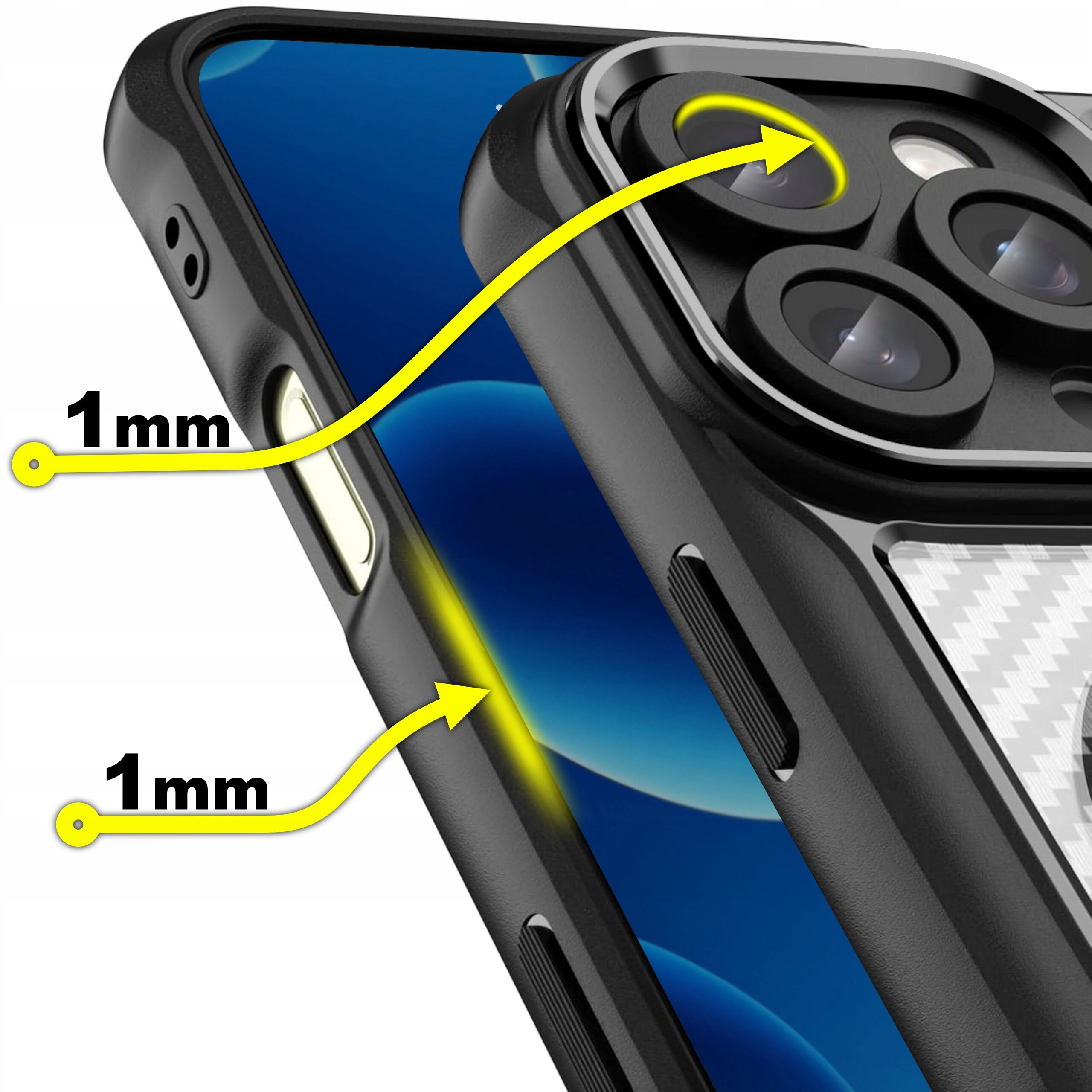 Obraz przedstawia czarne, pancerne etui na telefon z widocznymi trzema obiektywami aparatu. Żółte strzałki wskazują na krawędzie etui z opisem \'1 mm\'.