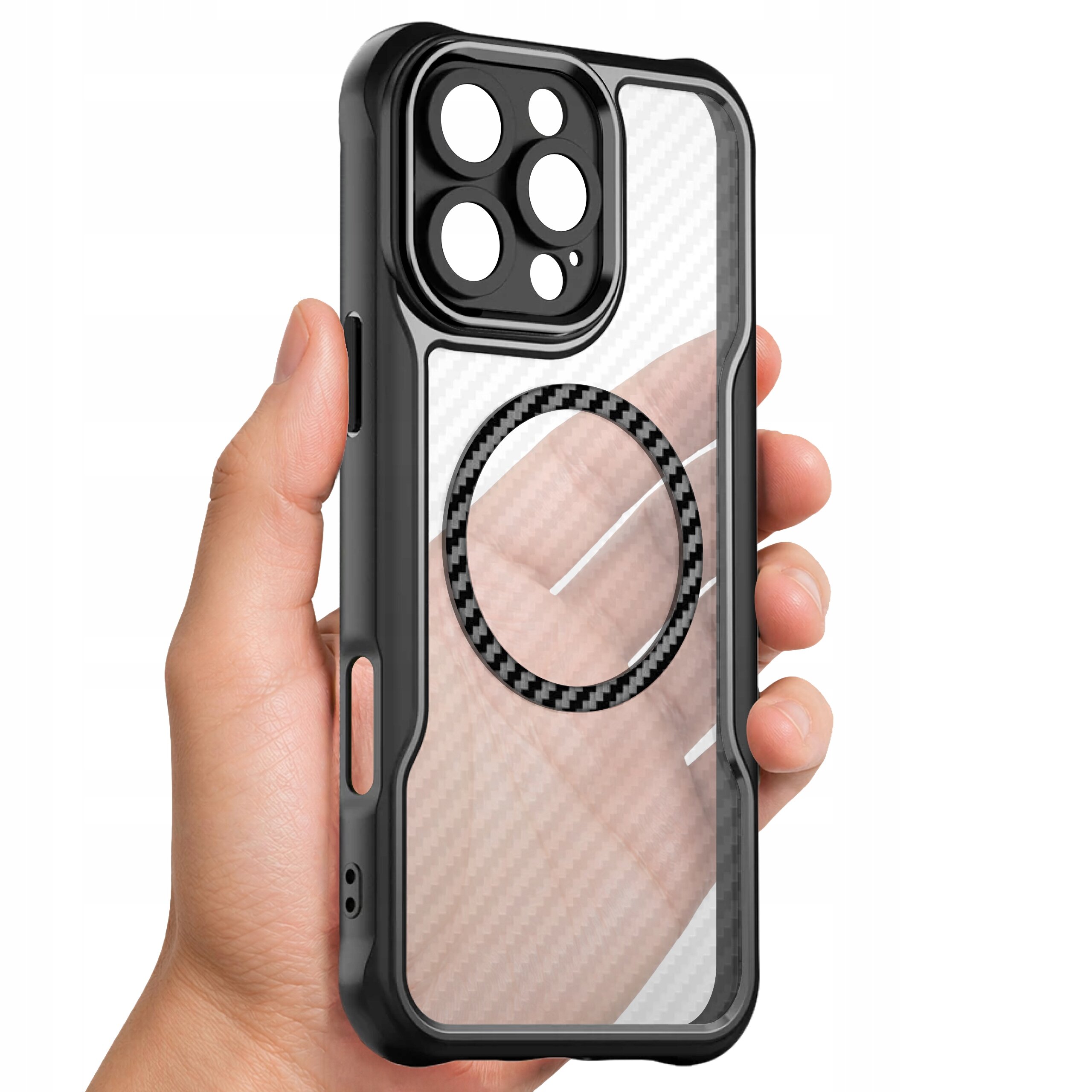 Osoba trzyma czarne, pancerne etui z przezroczystym tyłem i wzorem w kształcie okręgu, przeznaczone do iPhone 16 Pro Max. Etui posiada wycięcia na aparat i przyciski.