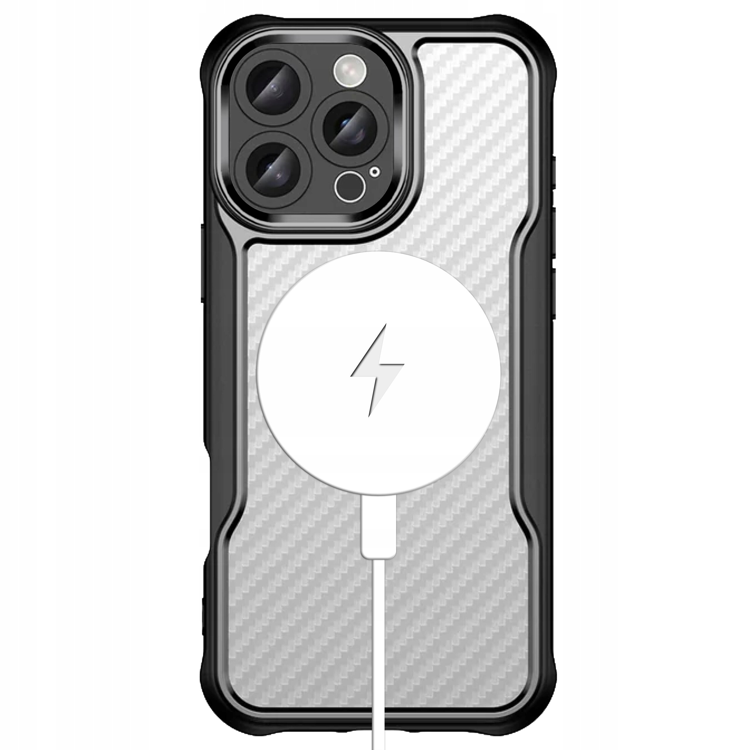 Obraz przedstawia czarne, pancerne etui na telefon z widocznym okrągłym symbolem błyskawicy na białym tle, sugerującym kompatybilność z MagSafe. Etui ma wzmocnione krawędzie i wycięcia na aparat z trzema obiektywami.