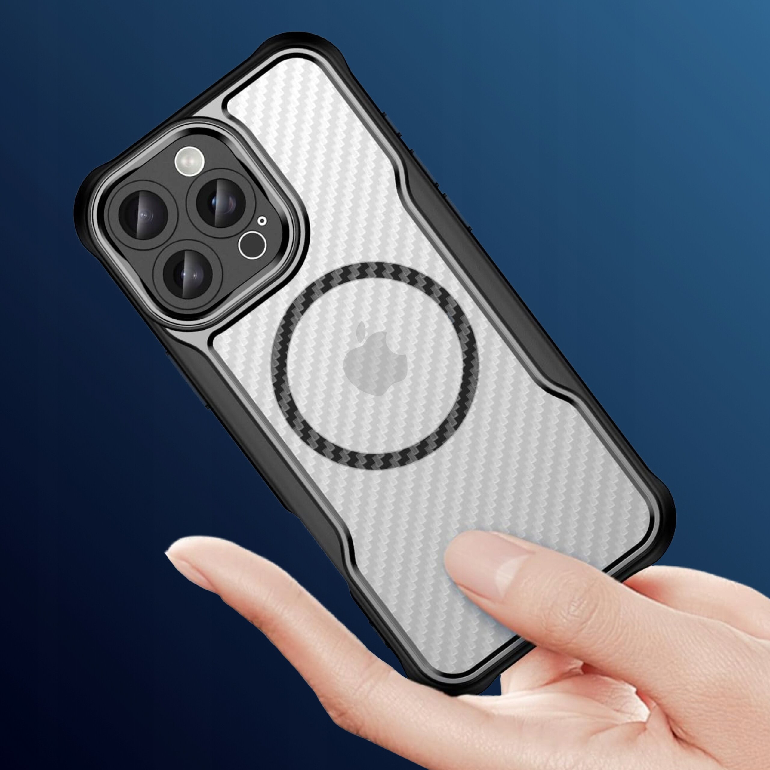 Na obrazie widoczne jest czarne, pancerne etui z wzmocnieniami, przeznaczone do iPhone 16 Pro Max, trzymane w dłoni. Na etui znajduje się okrągły wzór oraz logo w kształcie jabłka.