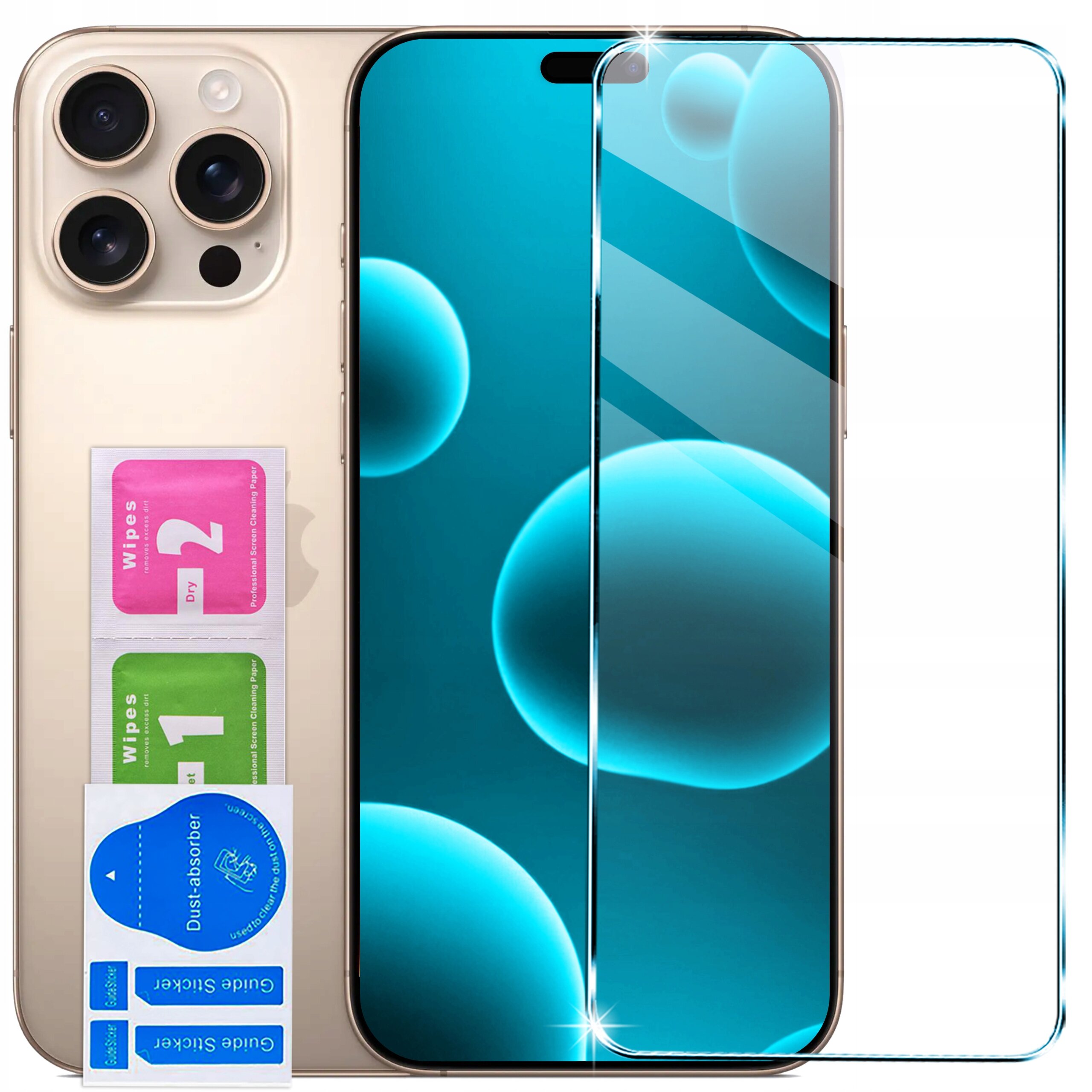 Na obrazie widoczny jest telefon z trzema aparatami oraz szkło ochronne na ekran. Obok znajdują się dwie saszetki z napisem \'Wipes 1\' i \'Wipes 2\' oraz naklejki \'Dust-absorber\' i \'Guide sticker\'.