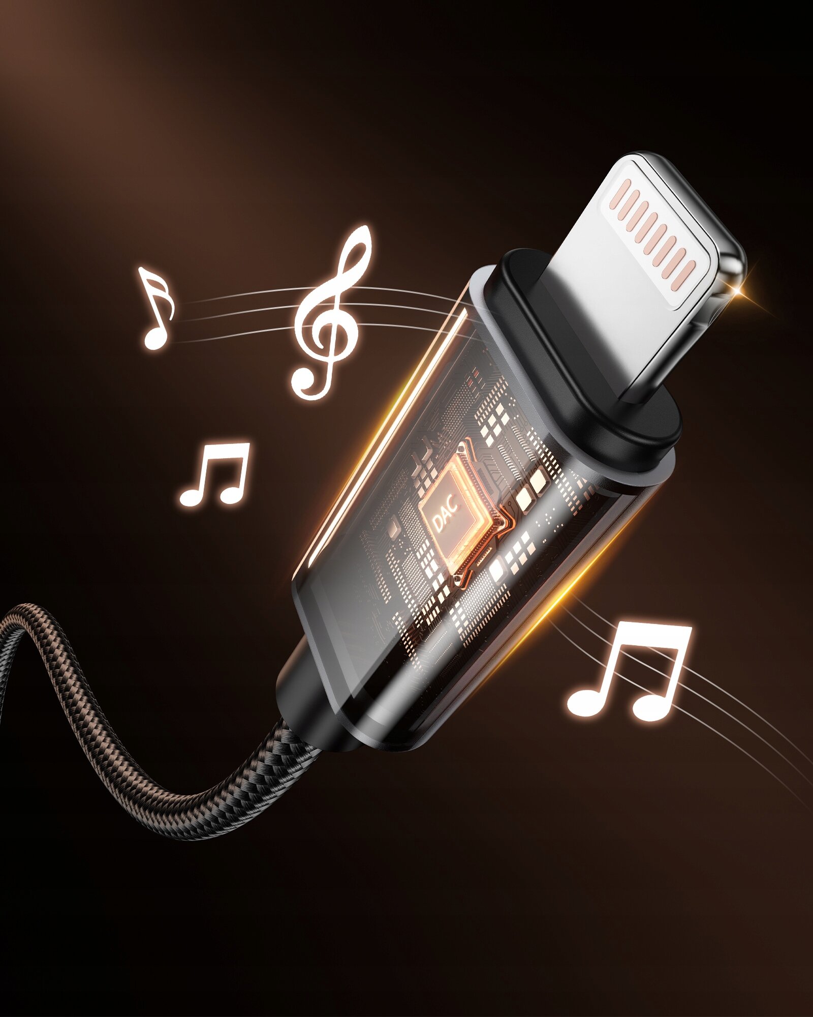Obraz przedstawia adapter Lightning z widocznym wnętrzem, gdzie znajduje się element oznaczony jako \'DAC\'. Wokół adaptera unoszą się symbole nut, sugerujące funkcję audio.