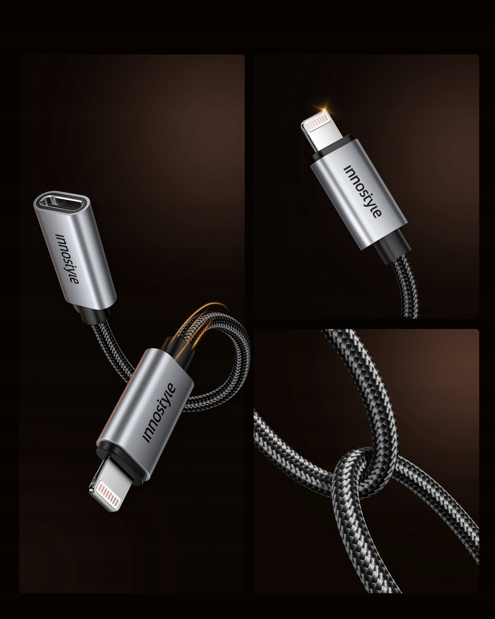 Obraz przedstawia adapter z końcówkami Lightning i USB-C, z widocznym logo \'innostyle\' na metalowej obudowie. Kabel ma plecioną strukturę i jest pokazany w trzech różnych ujęciach.