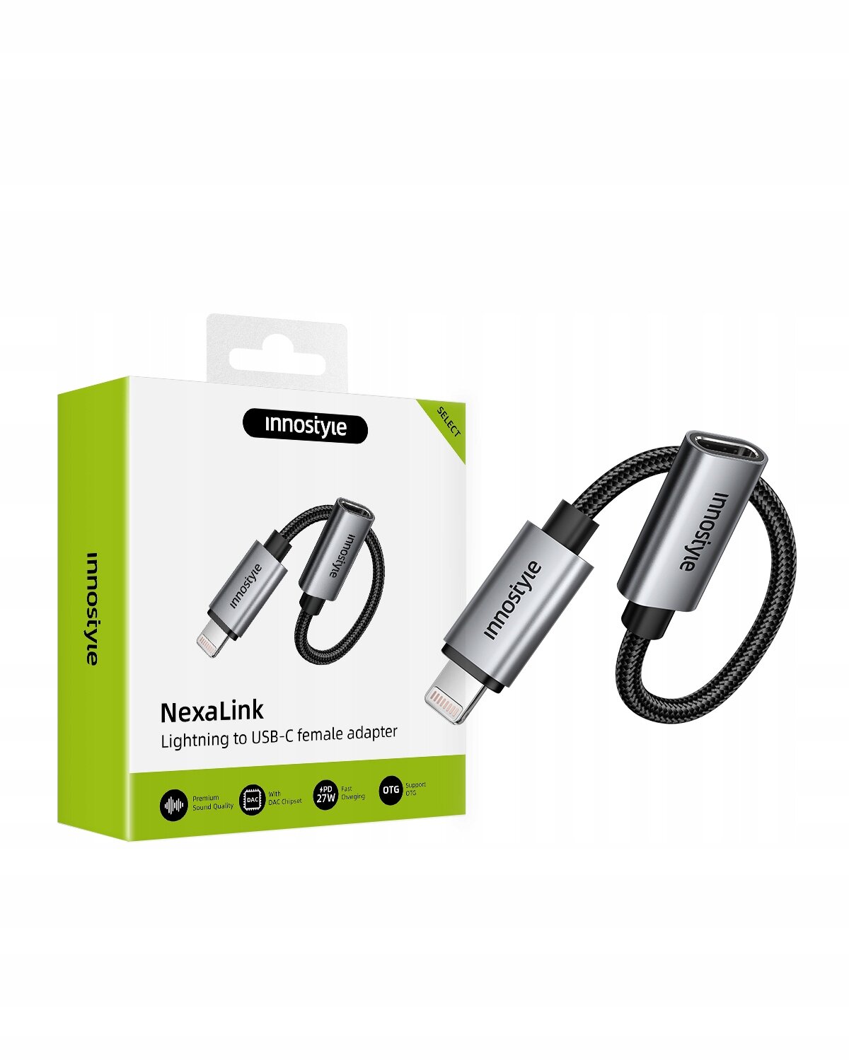 Na obrazie widoczny jest adapter Innostyle NexaLink z końcówkami Lightning i USB-C, obok opakowania z logo \'innostyle\'. Opakowanie zawiera napisy: \'NexaLink Lightning to USB-C female adapter\'.