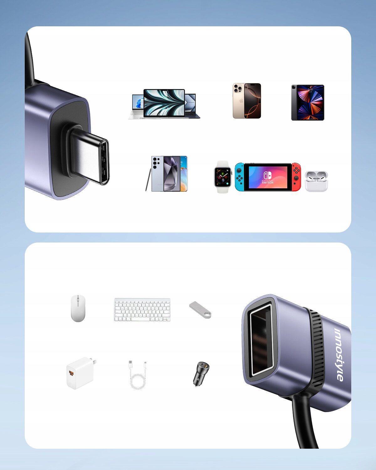Zdjęcie przedstawia adapter USB-A 3.0 do USB-C marki Innostyle, z widocznym napisem \'innostyle\' na produkcie. W tle znajdują się różne urządzenia elektroniczne, takie jak laptopy, smartfony, zegarki, konsole do gier, myszki, klawiatury i ładowarki.