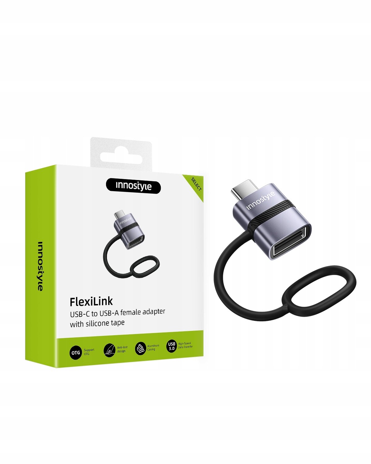 Na obrazie widoczny jest adapter USB-C do USB-A z elastycznym kablem, obok znajduje się opakowanie z logo \'innostyle\' i napisem \'FlexiLink USB-C to USB-A female adapter with silicone tape\'.