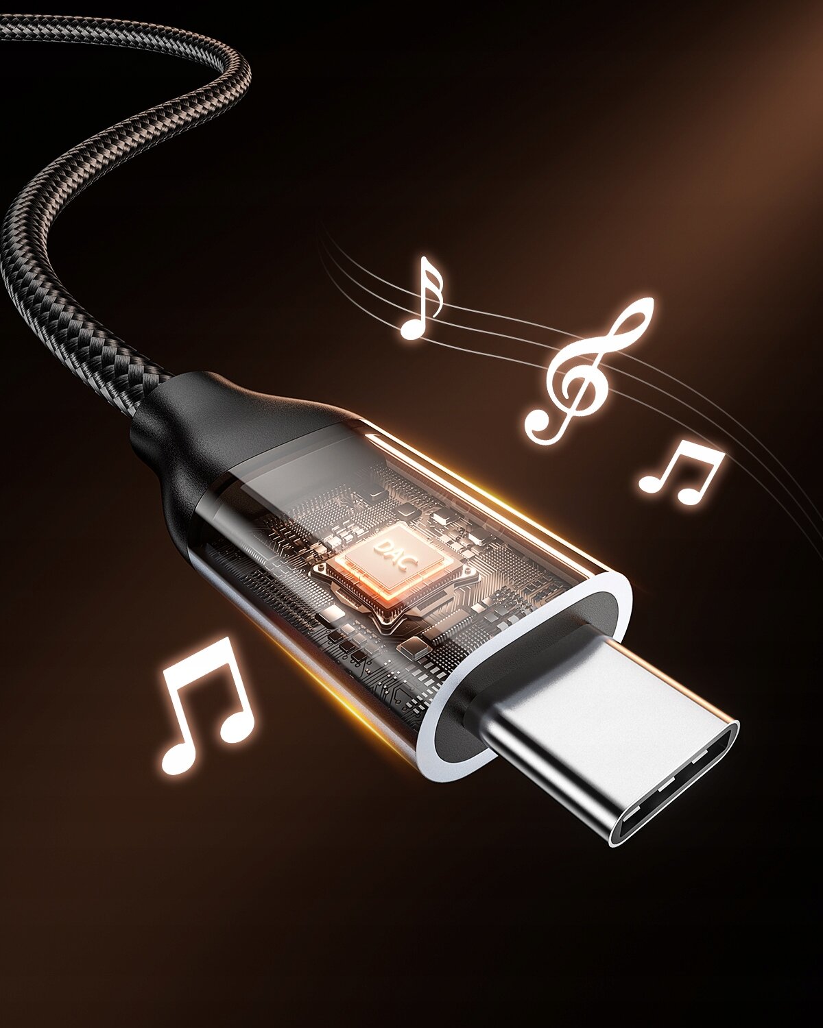Zdjęcie przedstawia adapter USB-C z przezroczystą obudową, ukazującą wewnętrzny układ elektroniczny z widocznym napisem \'DAC\'. Wokół adaptera znajdują się unoszące się symbole nut muzycznych na ciemnym tle.