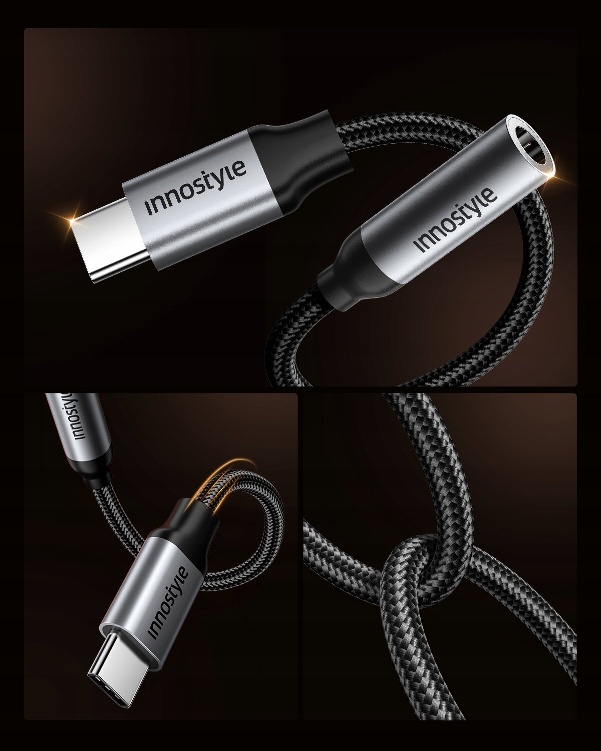 Obraz przedstawia adapter USB-C do mini jack 3,5 mm z plecionym kablem, oznaczony logo \'innostyle\'. Adapter ma metaliczne wykończenie i jest pokazany w kilku ujęciach, podkreślających jego konstrukcję i detale.
