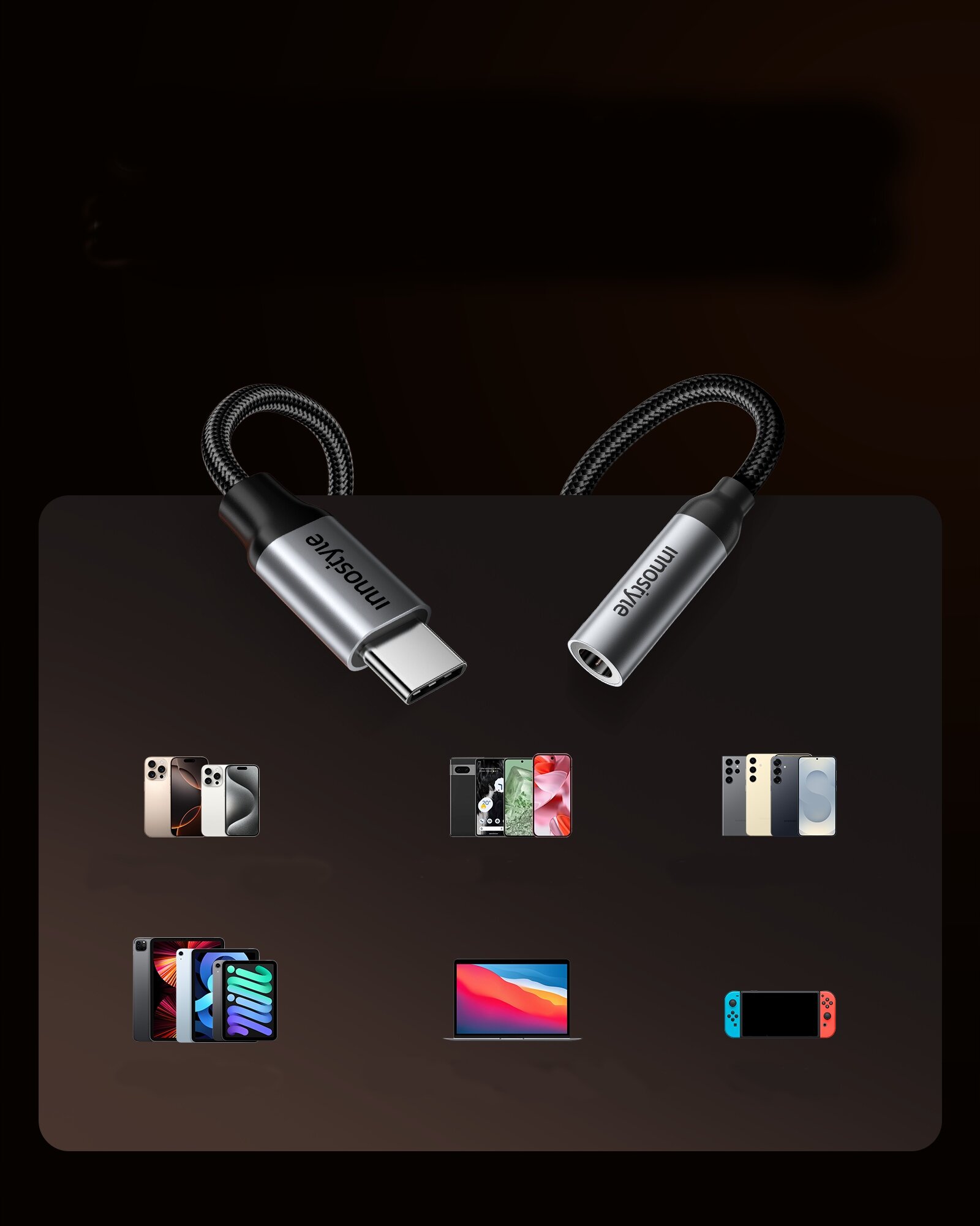 Na obrazie widoczny jest adapter USB-C do mini jack 3,5 mm z logo \'Innostyle\'. Poniżej znajdują się ikony różnych urządzeń elektronicznych, takich jak smartfony, tablety, laptop i konsola do gier.