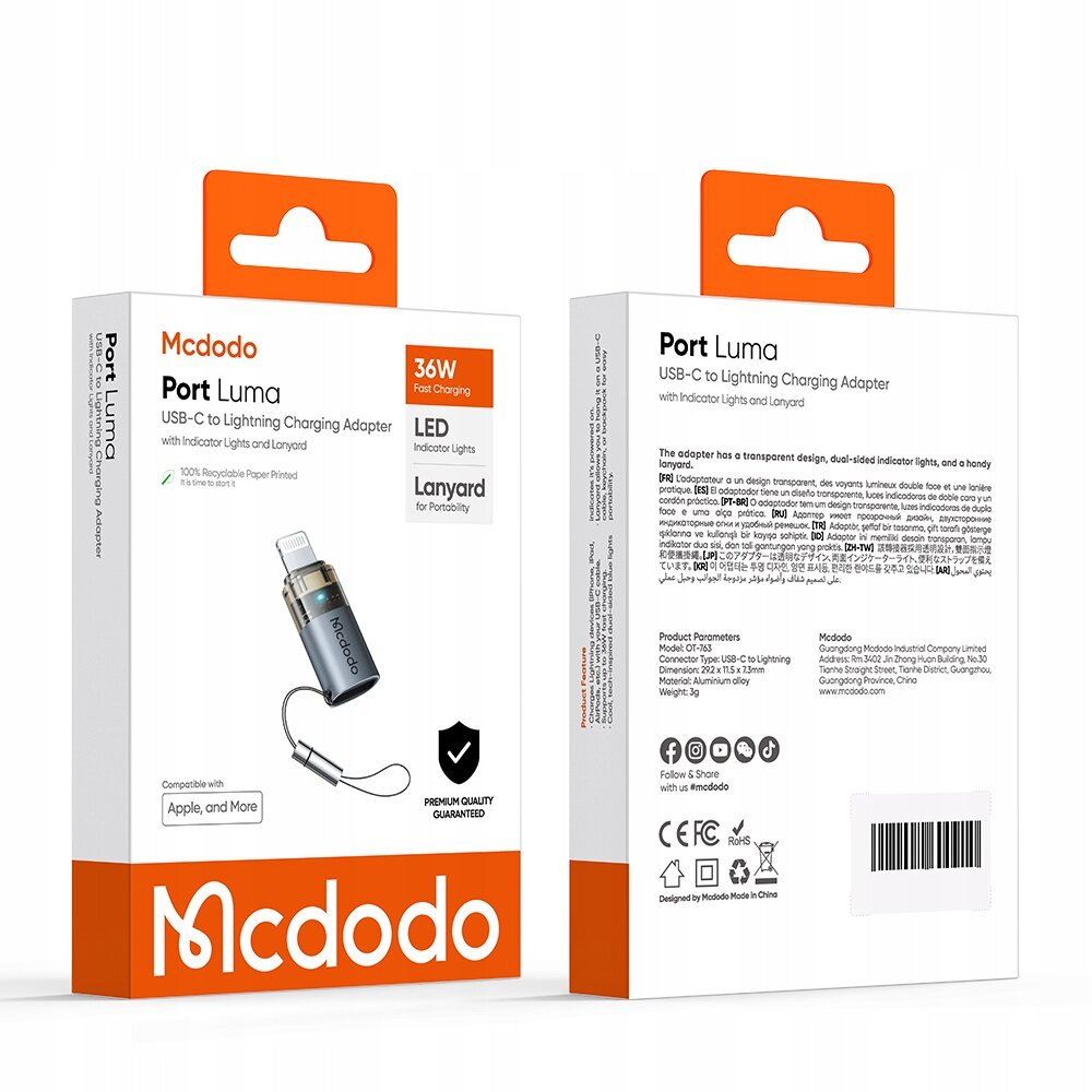 Opakowanie produktu Mcdodo Port Luma, adapter USB-C do Lightning, z informacjami o szybkim ładowaniu 36W, wskaźnikach LED i smyczy. Widoczne logo Mcdodo oraz teksty dotyczące kompatybilności z Apple i więcej, a także gwarancji jakości premium.