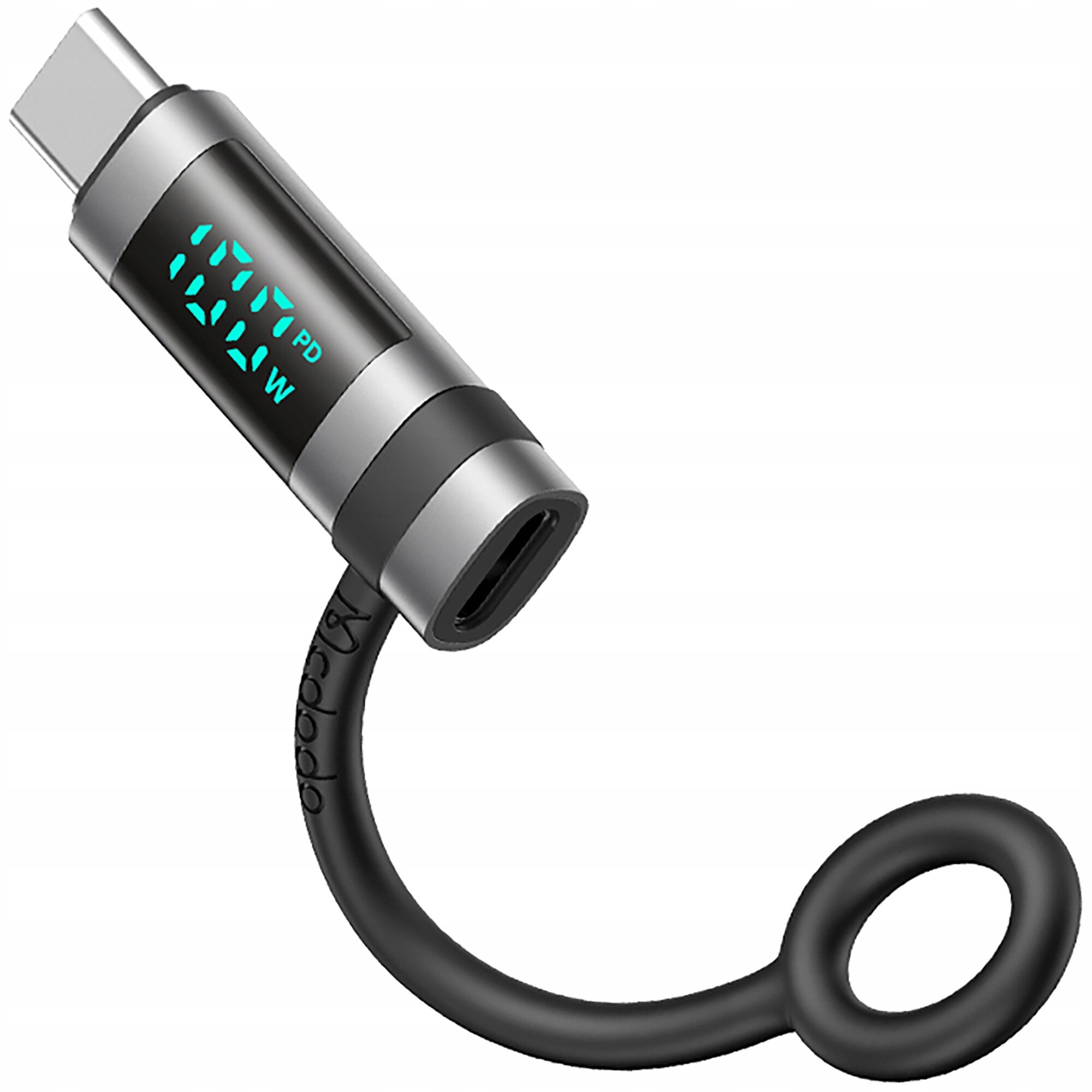 Na obrazie widoczny jest adapter USB-C z wyświetlaczem pokazującym wartości \'117 PD\' i \'240 W\'. Adapter ma metaliczną obudowę i czarny, elastyczny kabel z pętlą.
