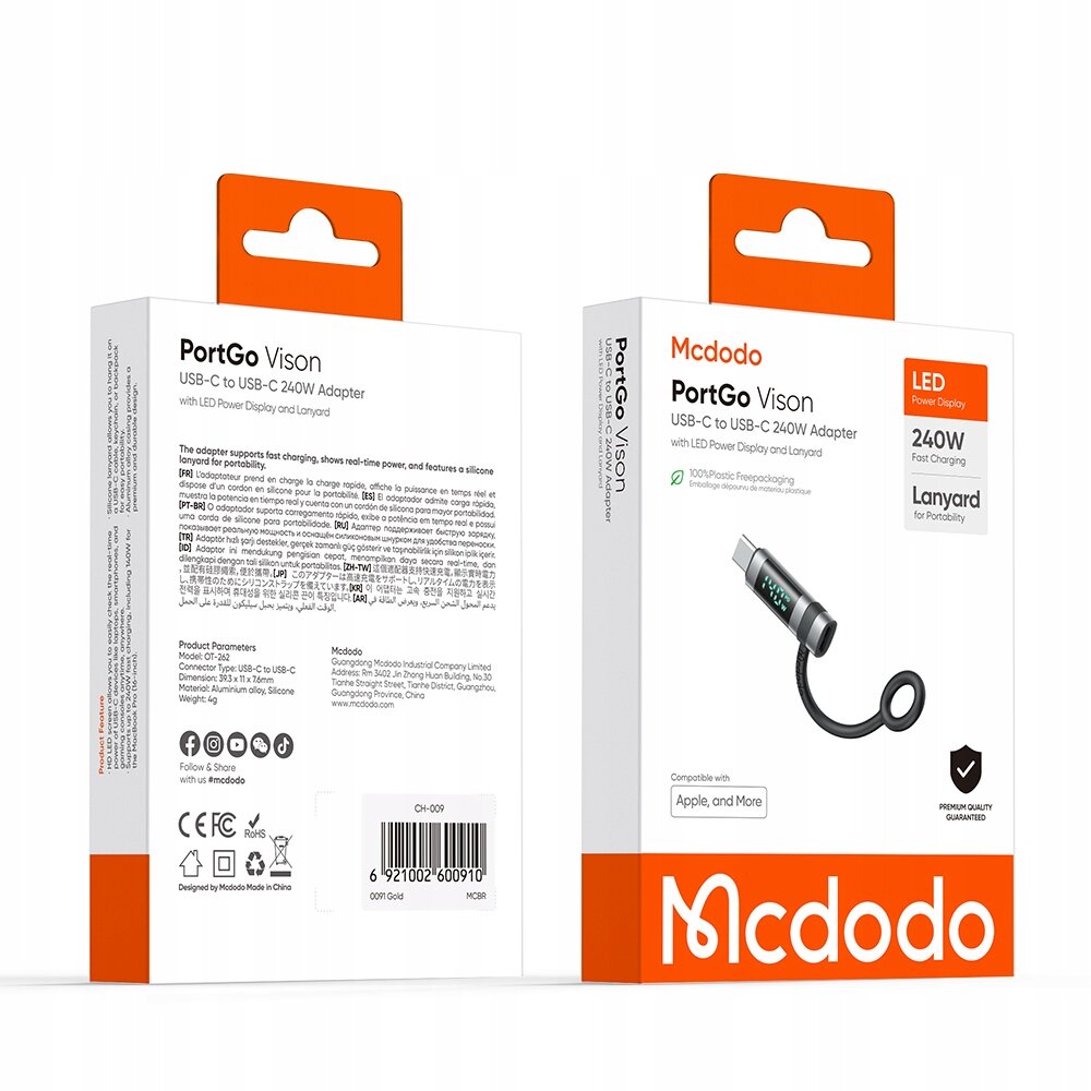 Opakowanie produktu Mcdodo Adapter Przejściówka USB-C USB Typ C Do Lightning iPhone 36W Miernik z widocznymi napisami \'PortGo Vison USB-C to Lightning 36W Adapter\' oraz \'LED Power Display\'.