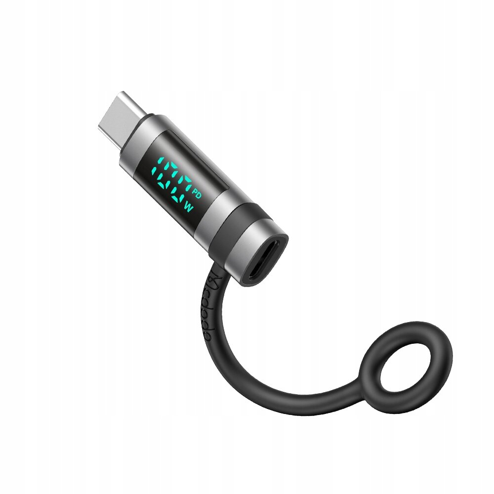 Adapter USB-C do Lightning z wyświetlaczem pokazującym \'27W PD\' oraz elastycznym kablem z napisem \'Mcdodo\'.
