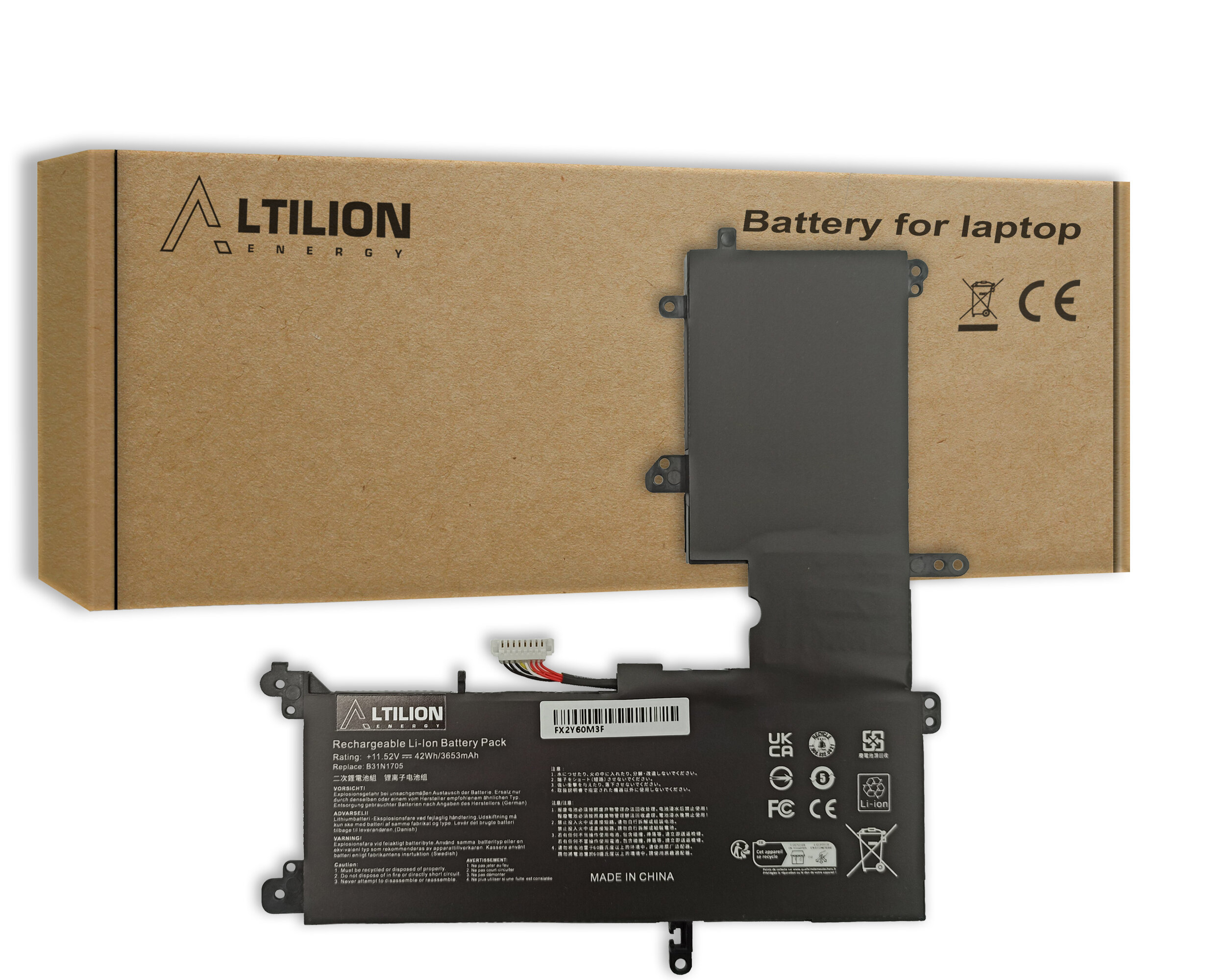 Na obrazie widoczna jest bateria litowo-jonowa z logo \'Altilion Energy\' oraz kartonowe opakowanie z napisem \'Battery for laptop\'.
