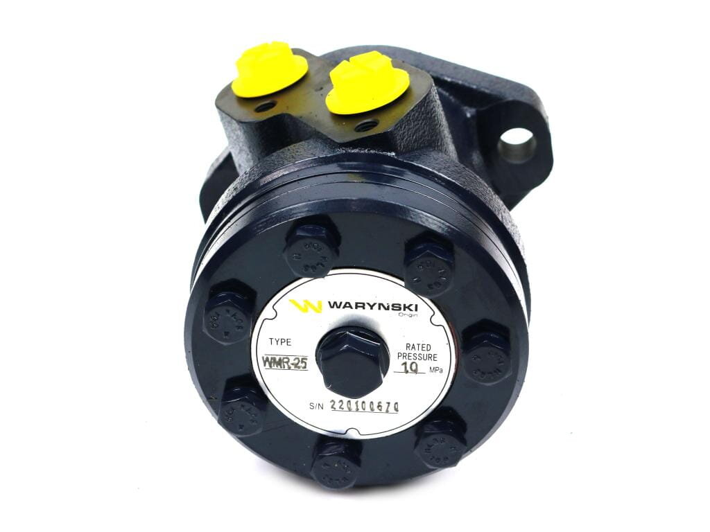 Silnik hydrauliczny orbitalny z widocznym logo \'WARYŃSKI\' oraz oznaczeniami \'TYPE WMR 25\', \'RATED PRESSURE 10 MPa\', \'S/N 220100670\'.