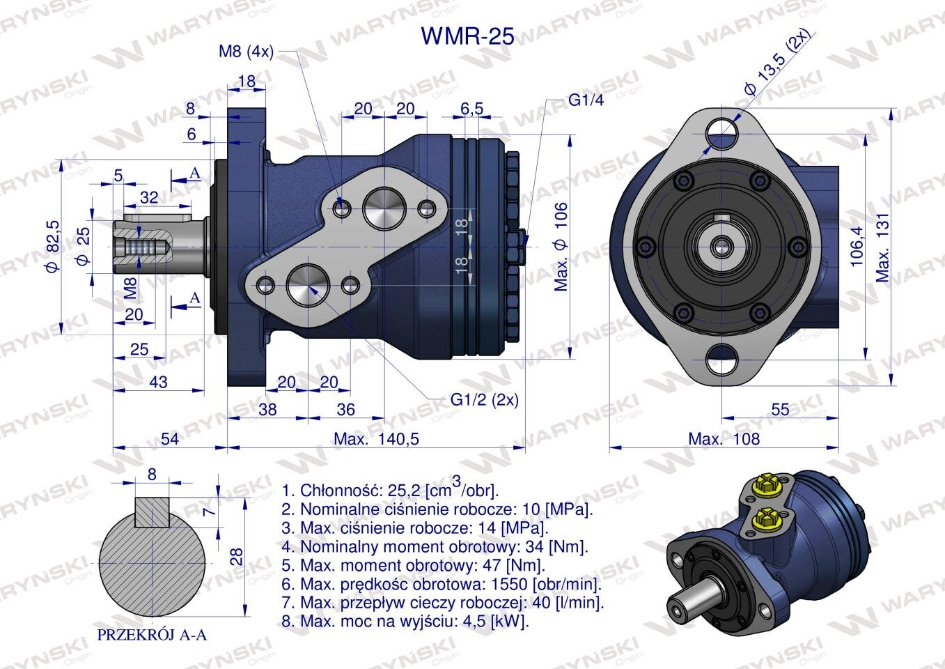 Rysunek techniczny przedstawia silnik hydrauliczny orbitalny WMR-25 z wymiarami i specyfikacją techniczną. Widoczne są szczegóły konstrukcyjne oraz parametry takie jak pojemność, ciśnienie robocze i moment obrotowy.