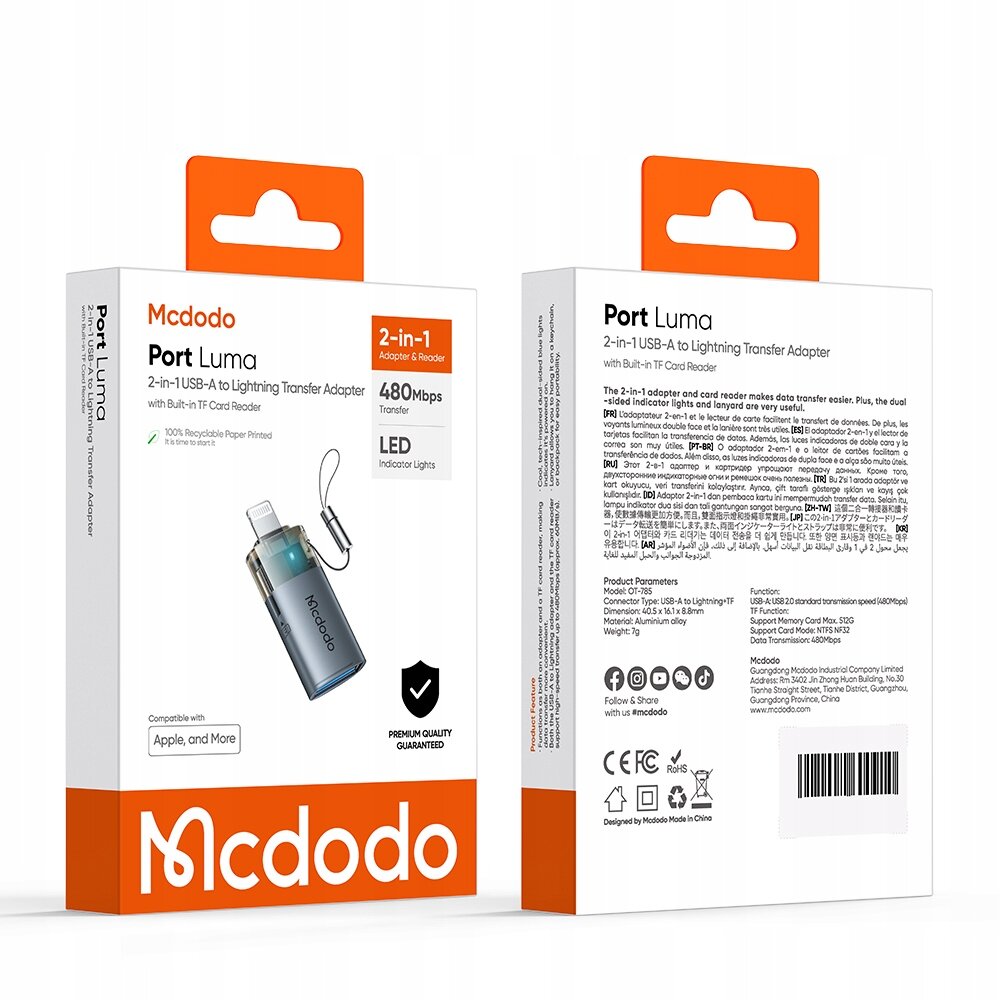 Opakowanie produktu Mcdodo Port Luma 2-in-1 USB-A to Lightning Transfer Adapter z wbudowanym czytnikiem kart TF. Na opakowaniu widoczne są informacje o prędkości transferu 480Mbps oraz obecności wskaźników LED.