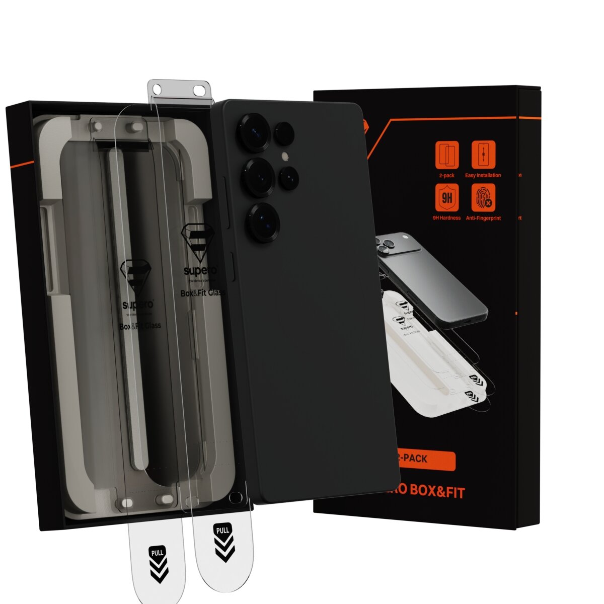 Na obrazie widoczne jest opakowanie szkła hartowanego Supero do telefonu, z napisem \'Supero Box&Fit Glass\'. Obok znajduje się czarny telefon z kilkoma obiektywami aparatu, a w tle pudełko z ikonami i napisami \'2-pack\', \'Easy Installation\', \'9H Hardness\', \'Anti-Fingerprint\'.