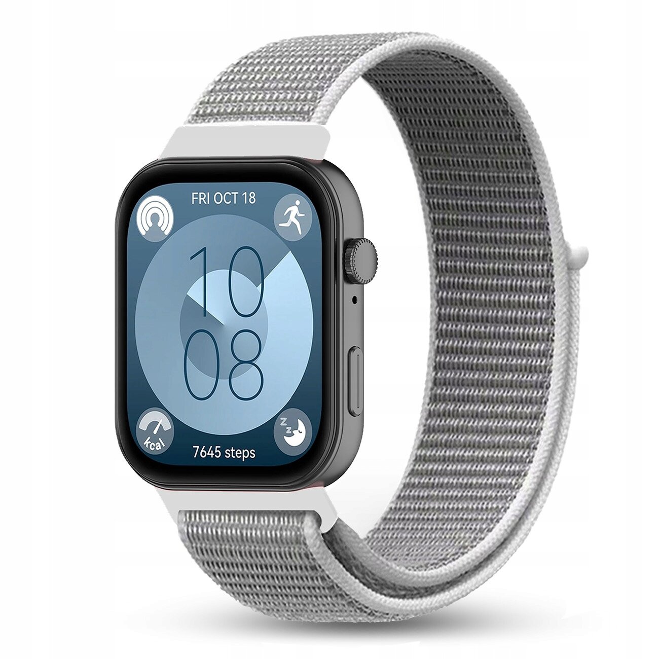 Smartwatch z szarym nylonowym paskiem, na ekranie widoczna jest data \'FRI OCT 18\' oraz liczba \'7645 steps\'.