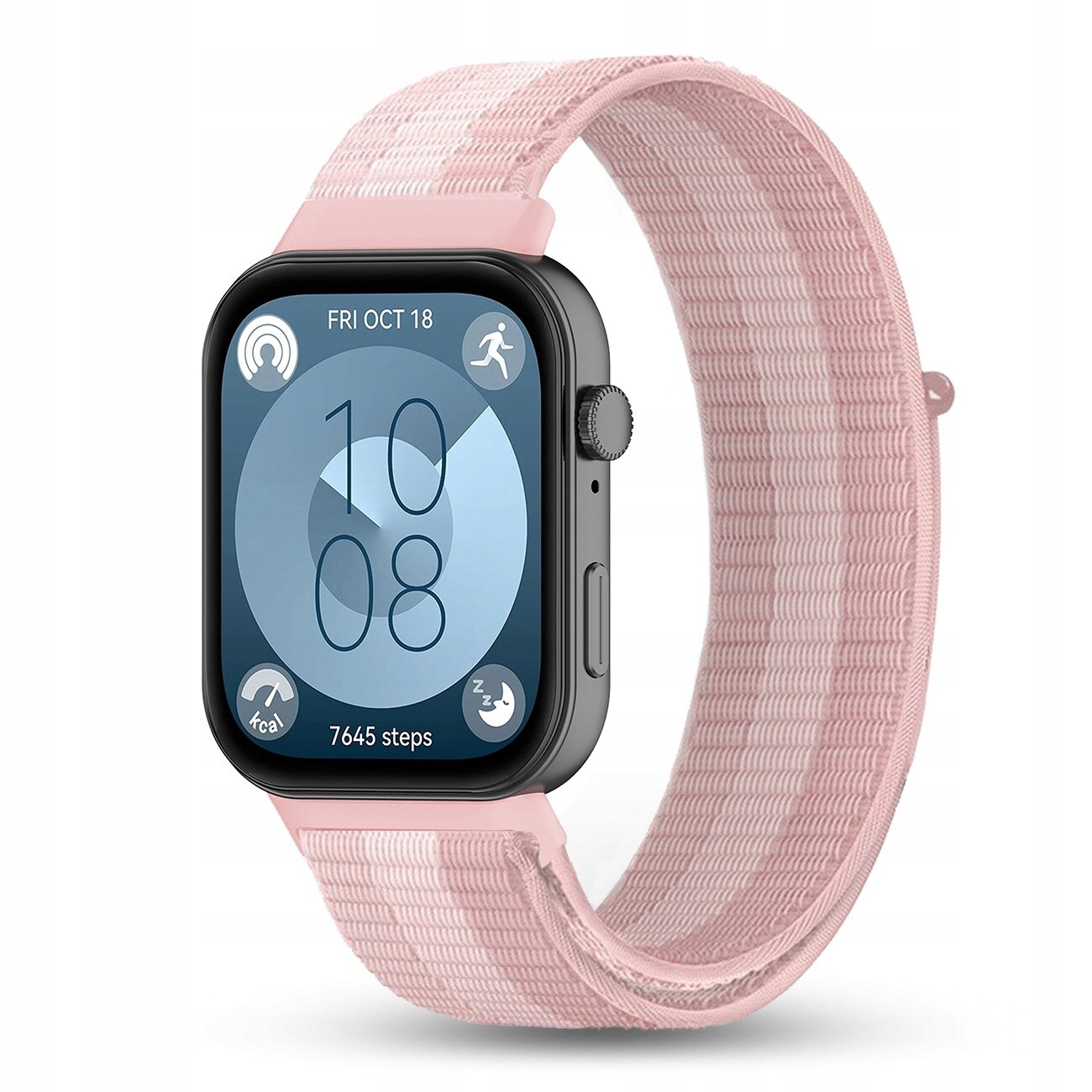 Smartwatch z różowym nylonowym paskiem, na ekranie widoczna jest data \'FRI OCT 18\' oraz liczba \'7645 steps\'.