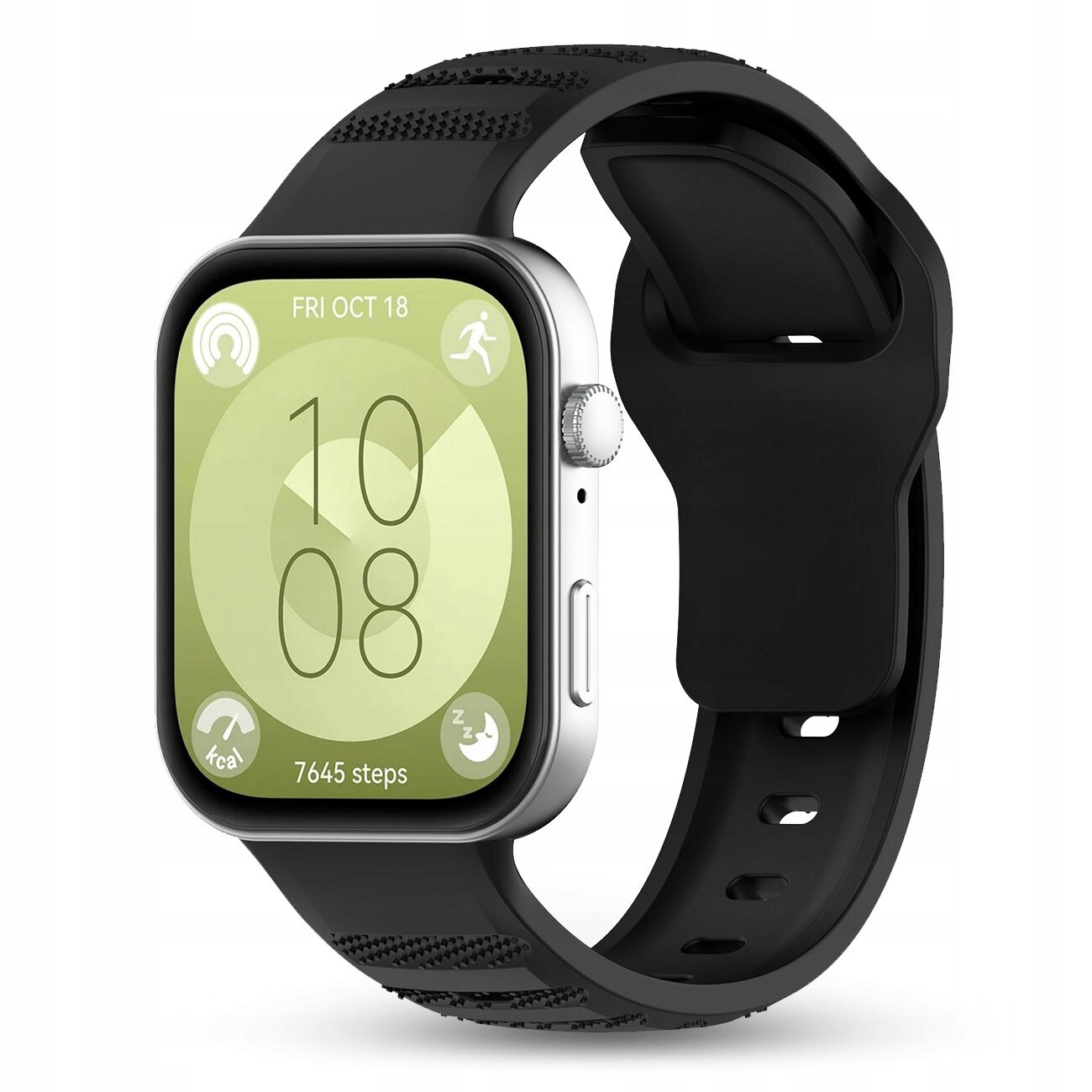 Smartwatch z czarnym silikonowym paskiem, wyświetlający na ekranie datę \'FRI OCT 18\' oraz liczbę kroków \'7645 steps\'.
