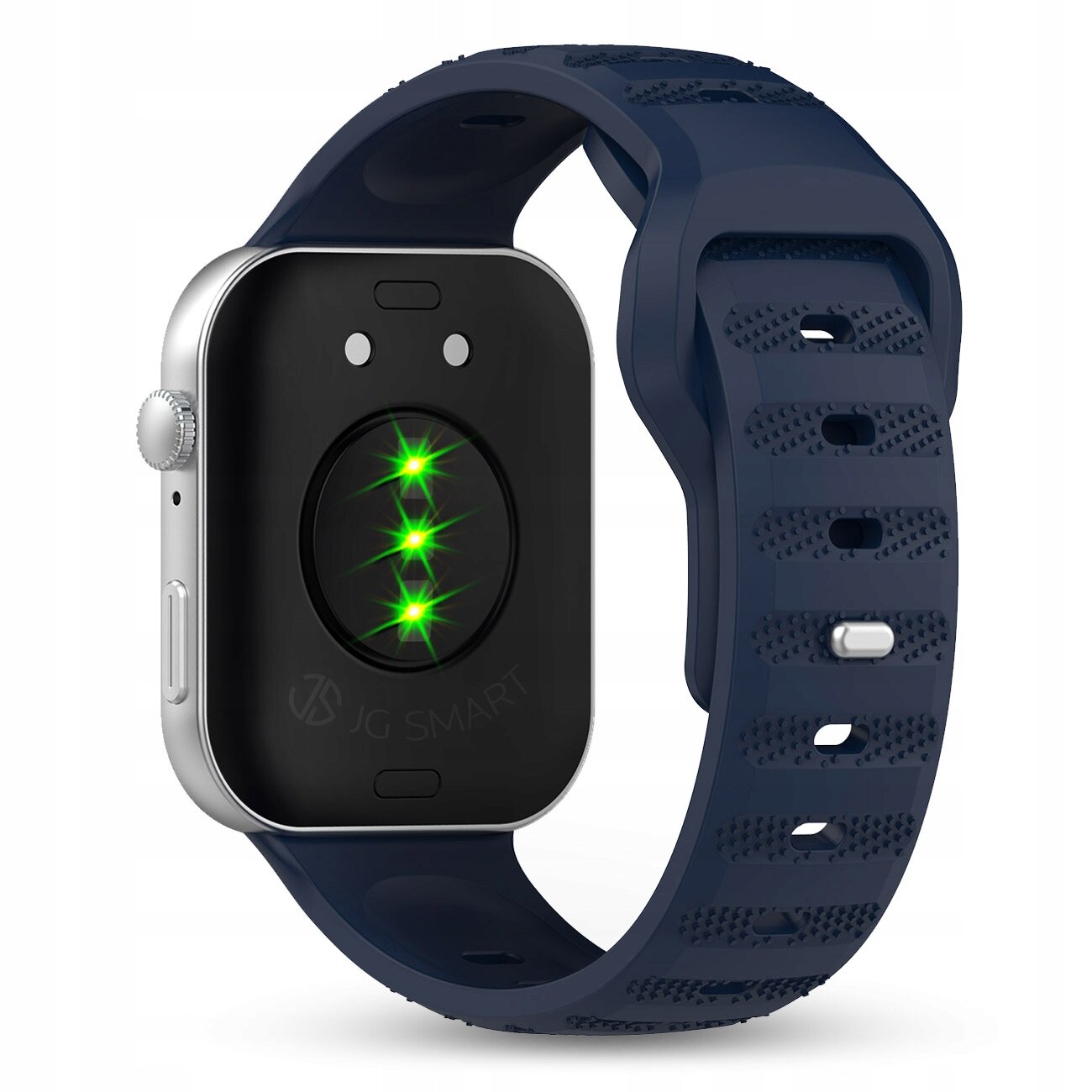 Na obrazie widoczny jest smartwatch z ciemnym silikonowym paskiem i srebrną obudową. Na ekranie zegarka świecą się trzy zielone diody, a poniżej widnieje napis \'JG SMART\'.