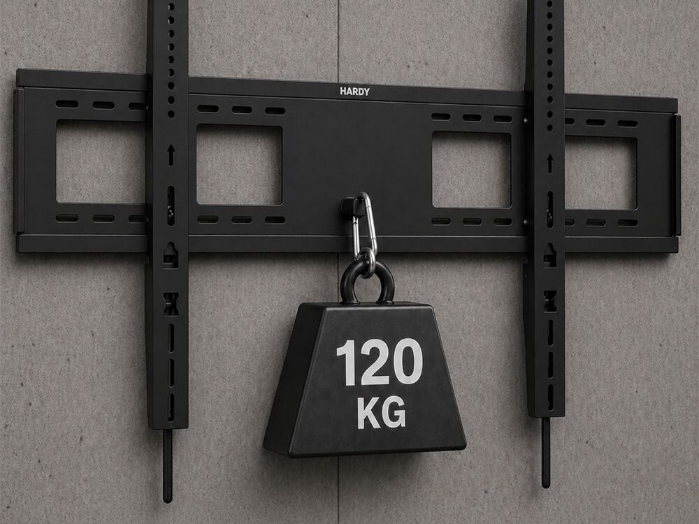 Czarny uchwyt ścienny z napisem \'HARDY\' zamontowany na ścianie, z zawieszonym ciężarem oznaczonym \'120 KG\'.