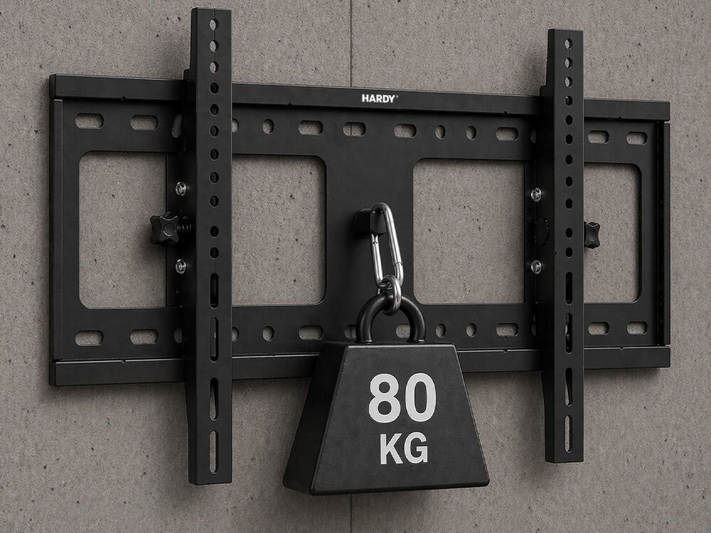 Czarny uchwyt ścienny do telewizora z logo \'HARDY\', na którym zawieszony jest ciężar z napisem \'80 KG\'.
