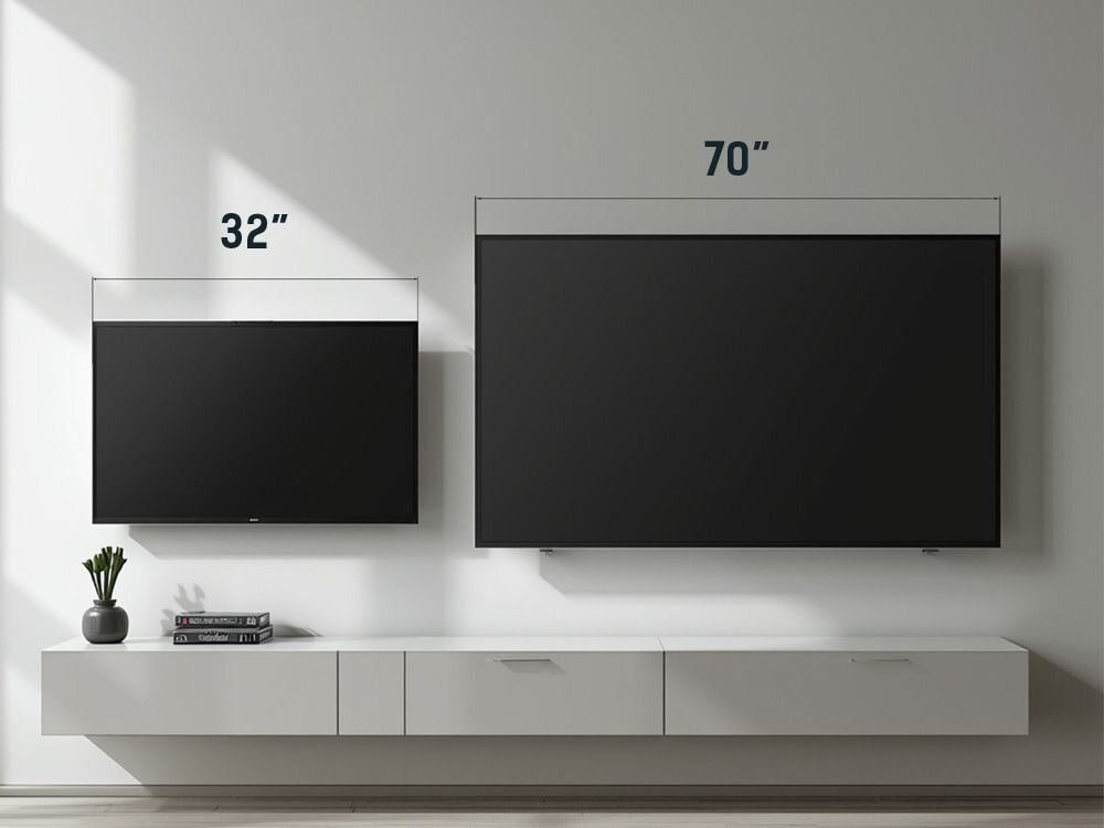 Na ścianie zamontowane są dwa telewizory, jeden o przekątnej 32 cale, a drugi 70 cali. Pod telewizorami znajduje się biały mebel z trzema szufladami, na którym stoi mała roślina w doniczce i dwie książki.
