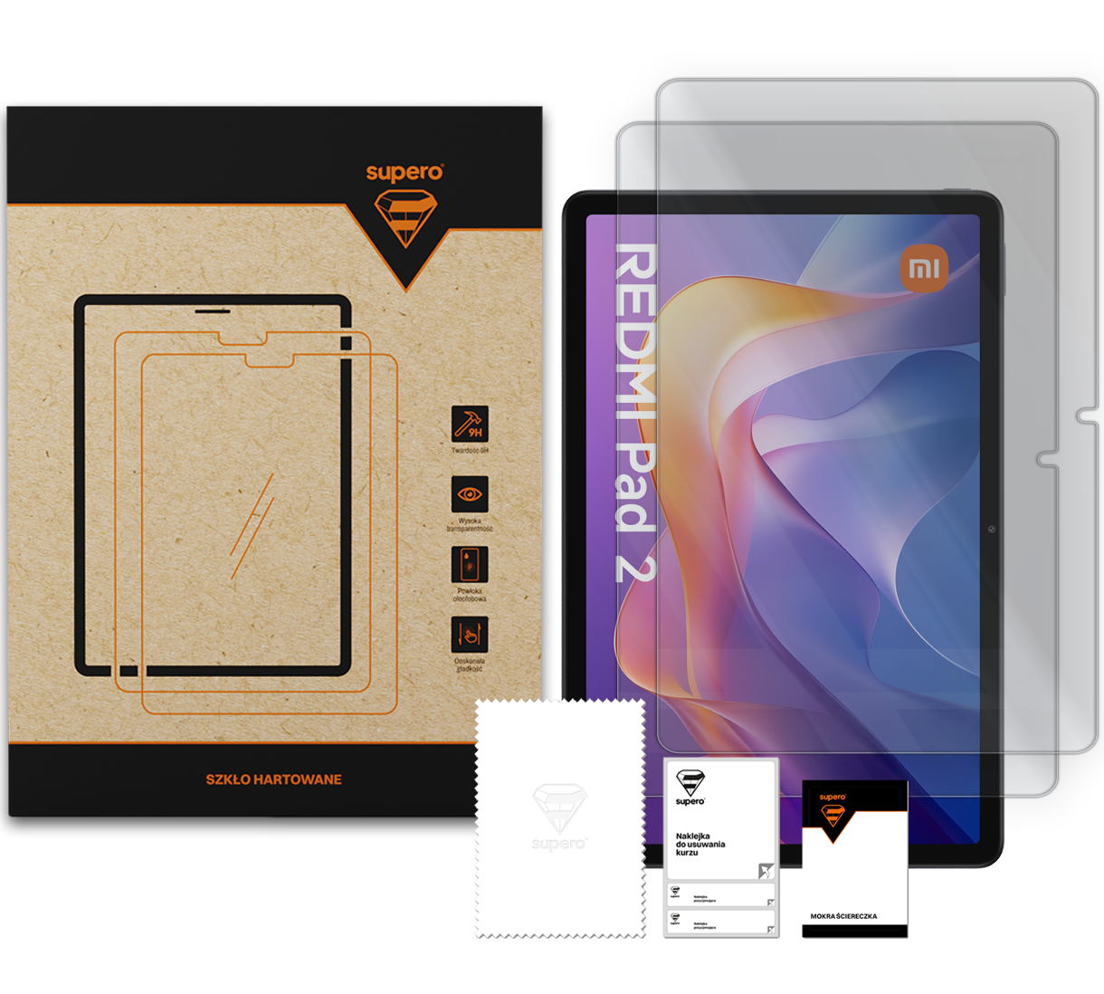 Na obrazie widoczne jest opakowanie z logo \'supero\' oraz dwie sztuki szkła hartowanego na ekran. Obok znajduje się tablet z napisem \'REDMI Pad 2\' oraz akcesoria do montażu szkła.