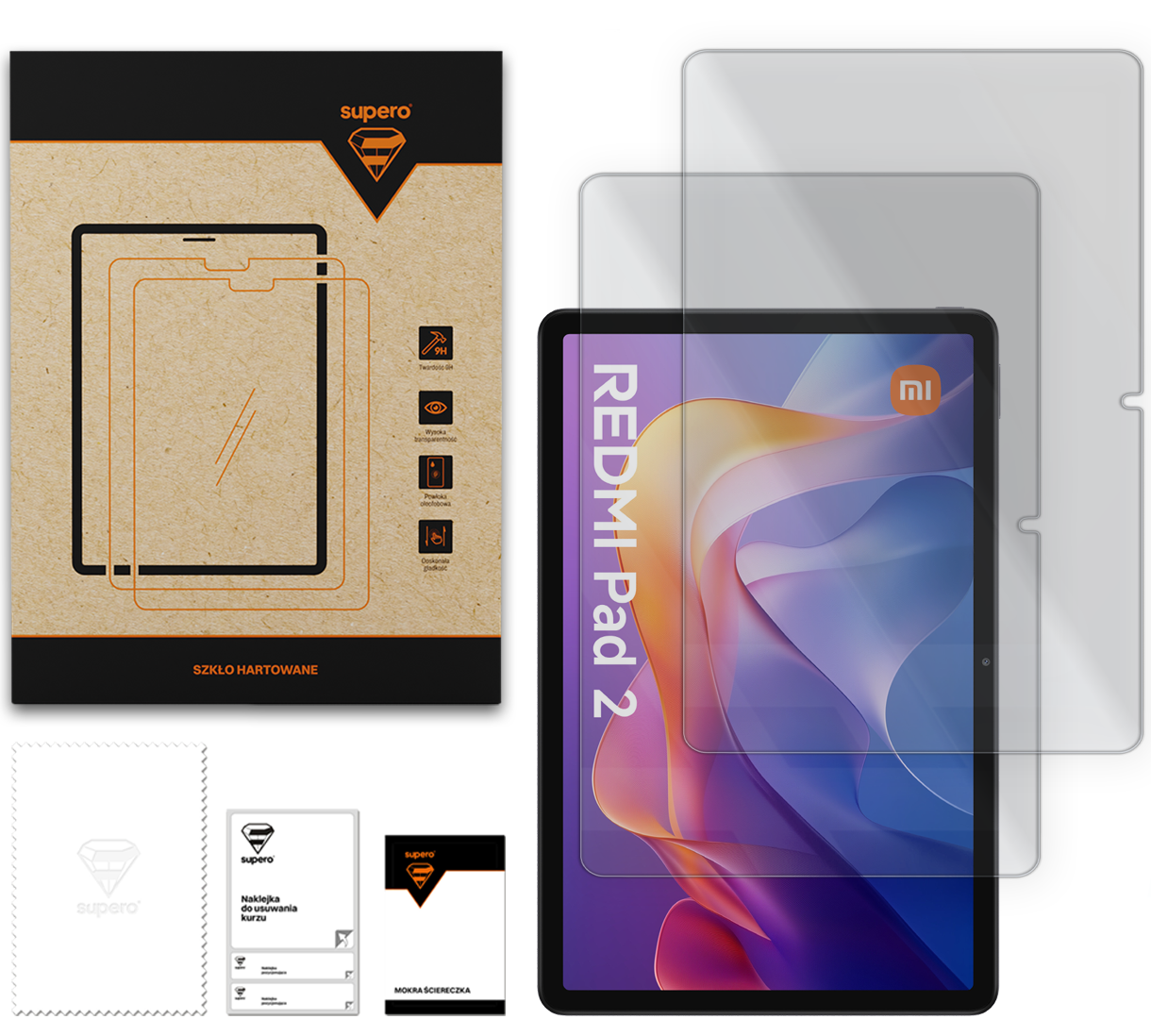 Na obrazie widoczny jest zestaw szkła hartowanego do Xiaomi Redmi Pad 2, w skład którego wchodzą dwa szkiełka, opakowanie z logo \'supero\', ściereczka oraz naklejka do usuwania kurzu. Na ekranie tabletu widoczny jest napis \'REDMI Pad 2\'.