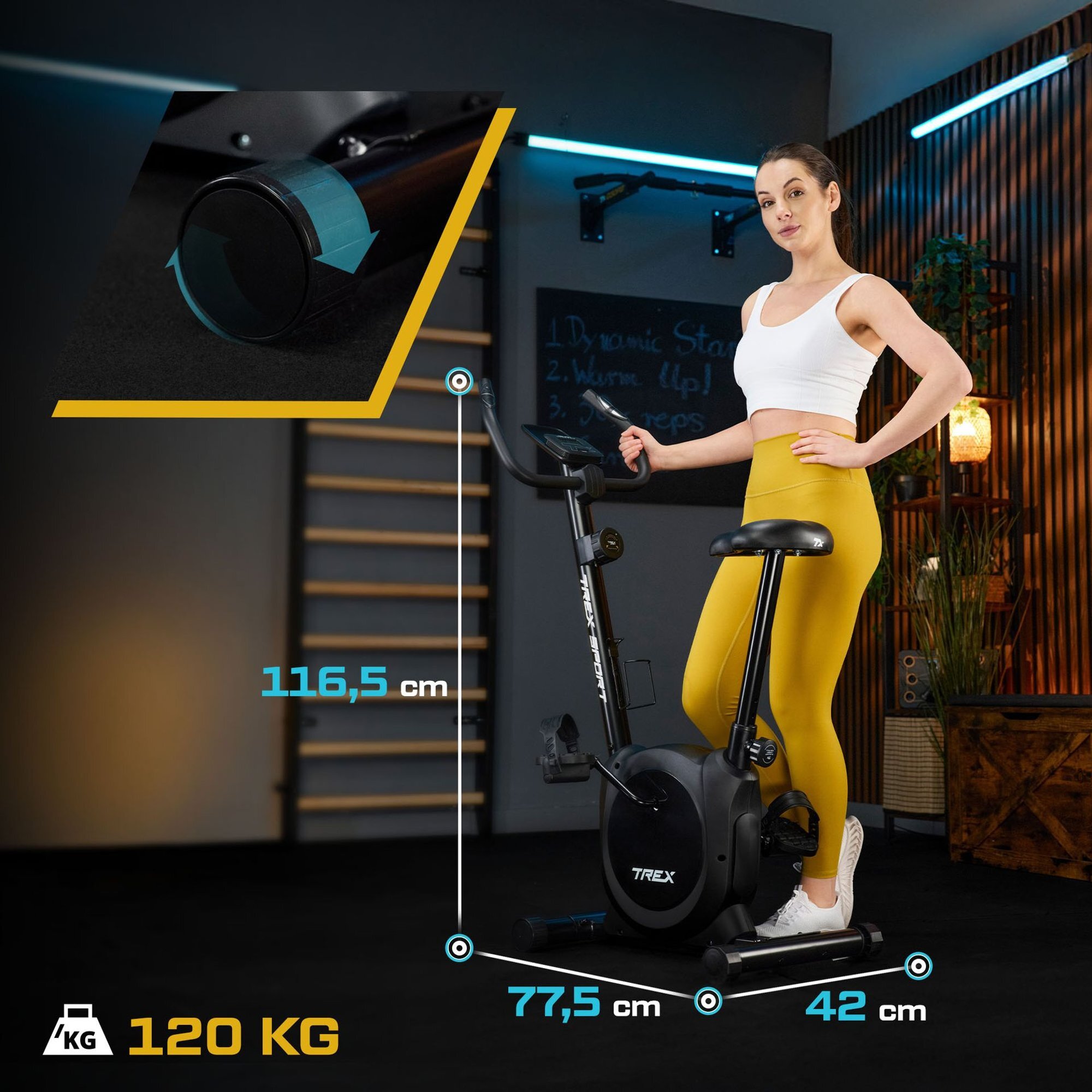 Kobieta stoi obok czarnego roweru stacjonarnego z napisem \'TREX SPORT\', a wymiary roweru to 116,5 cm wysokości, 77,5 cm długości i 42 cm szerokości. Maksymalne obciążenie wynosi 120 kg.