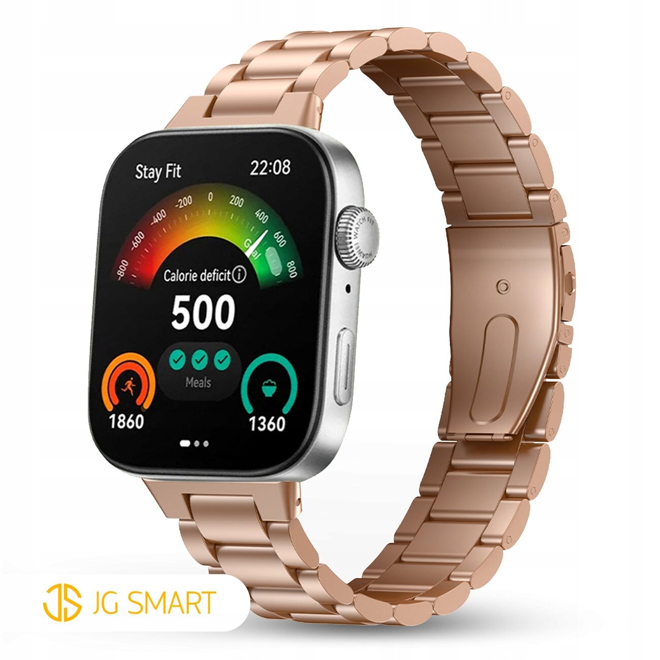 Smartwatch z metalową bransoletą w kolorze różowego złota, na ekranie widoczny jest wskaźnik deficytu kalorii z wartością 500. Logo JG SMART znajduje się w lewym dolnym rogu obrazu.