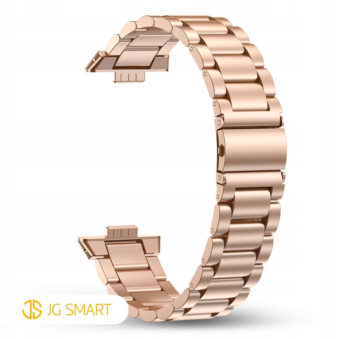 Metalowa bransoleta w kolorze różowego złota, złożona z segmentów, widoczna na białym tle. W lewym dolnym rogu znajduje się logo \'JG SMART\'.